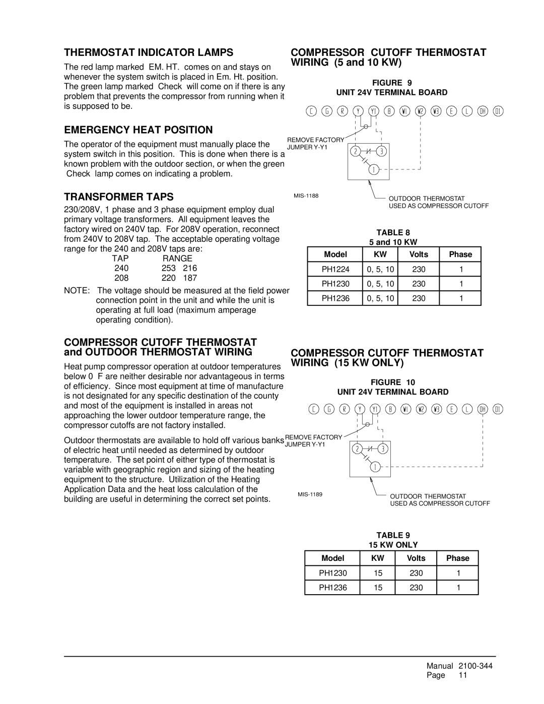 Bard PH1236, PH1230, PH1224 installation instructions Thermostat Indicator Lamps, Emergency Heat Position, Transformer Taps 