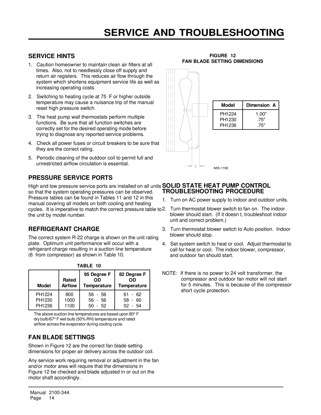 Bard PH1236, PH1230, PH1224 installation instructions Service and Troubleshooting 