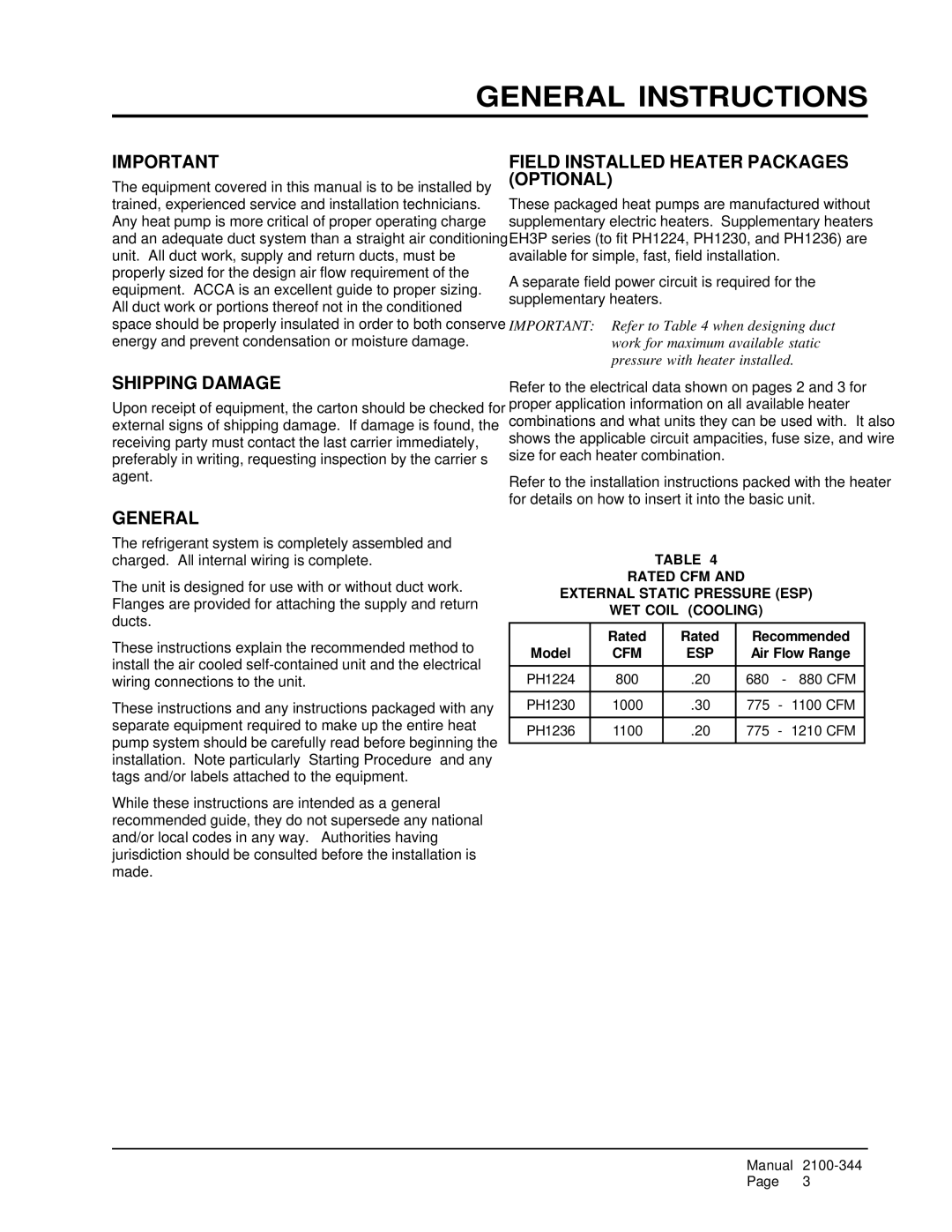 Bard PH1224, PH1230, PH1236 General Instructions, Shipping Damage, Field Installed Heater Packages Optional 