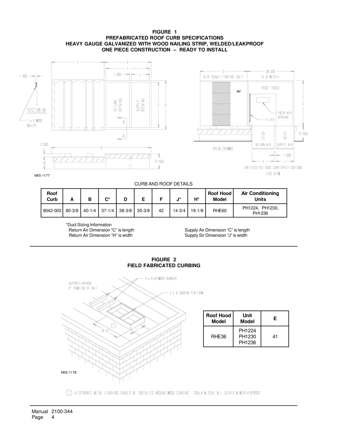 Bard PH1230, PH1236, PH1224 installation instructions Air Conditioning, Field Fabricated Curbing, Roof Hood Unit Model 