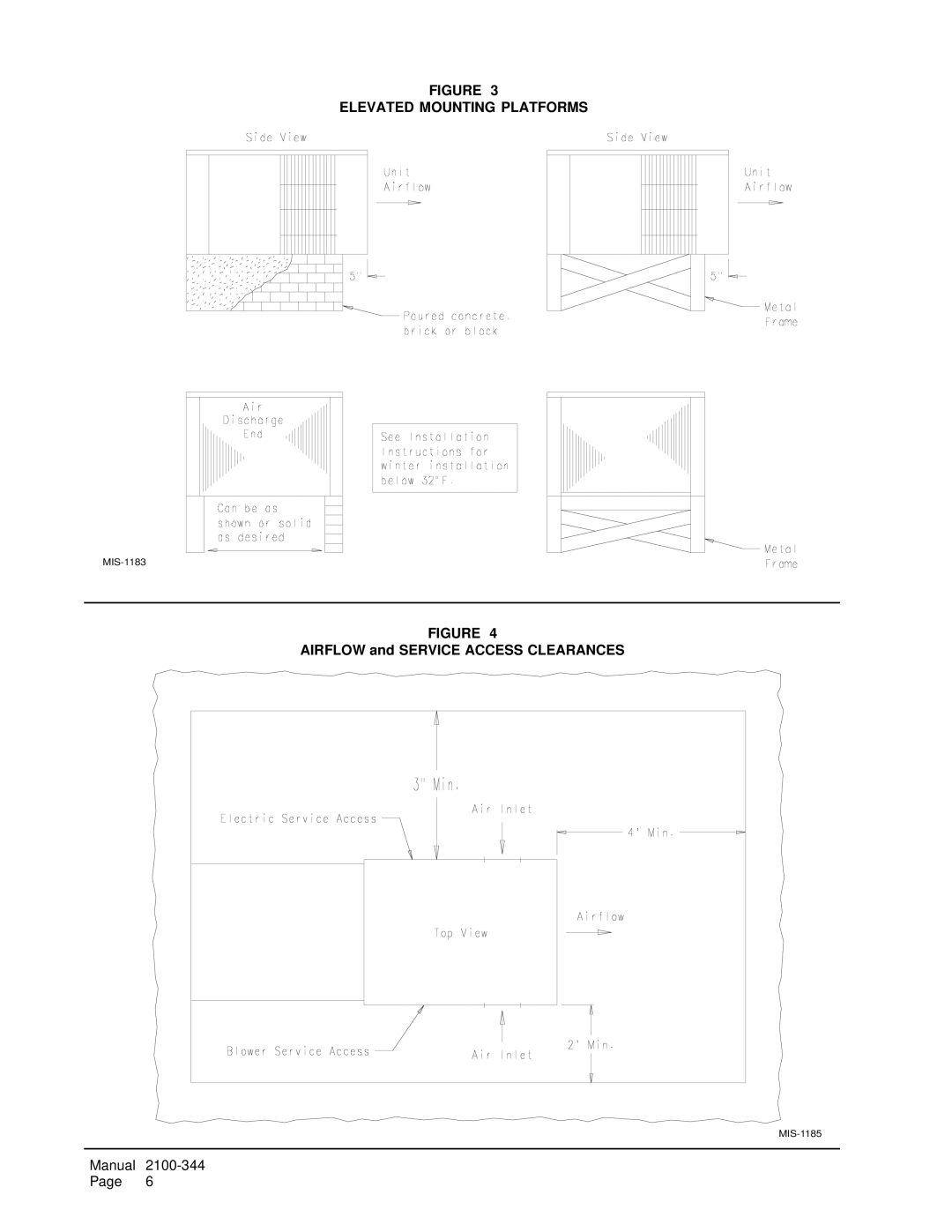 Bard PH1224, PH1230, PH1236 installation instructions Elevated Mounting Platforms, Airflow and Service Access Clearances 