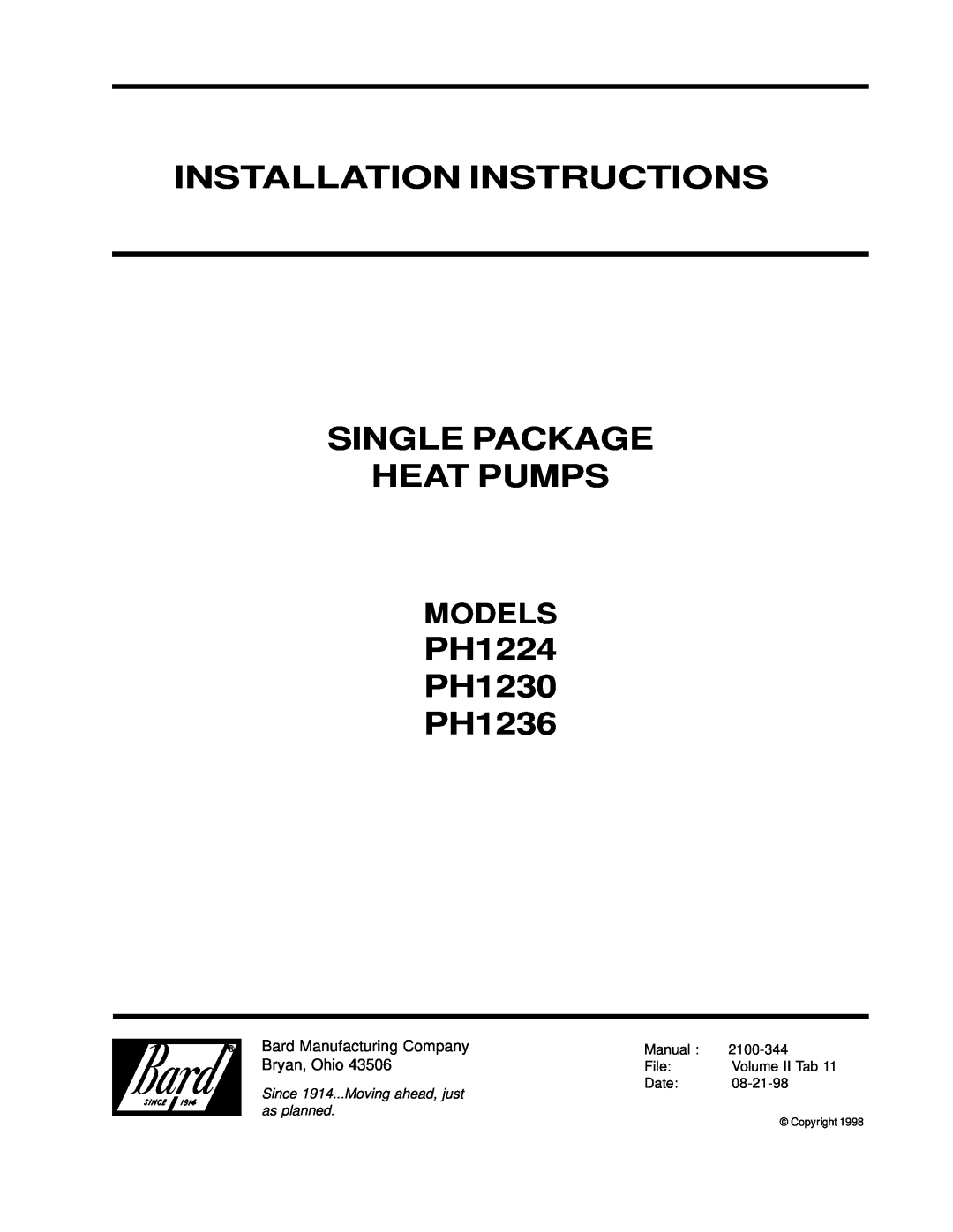 Bard installation instructions Models, Installation Instructions Single Package, Heat Pumps, PH1224 PH1230 PH1236 