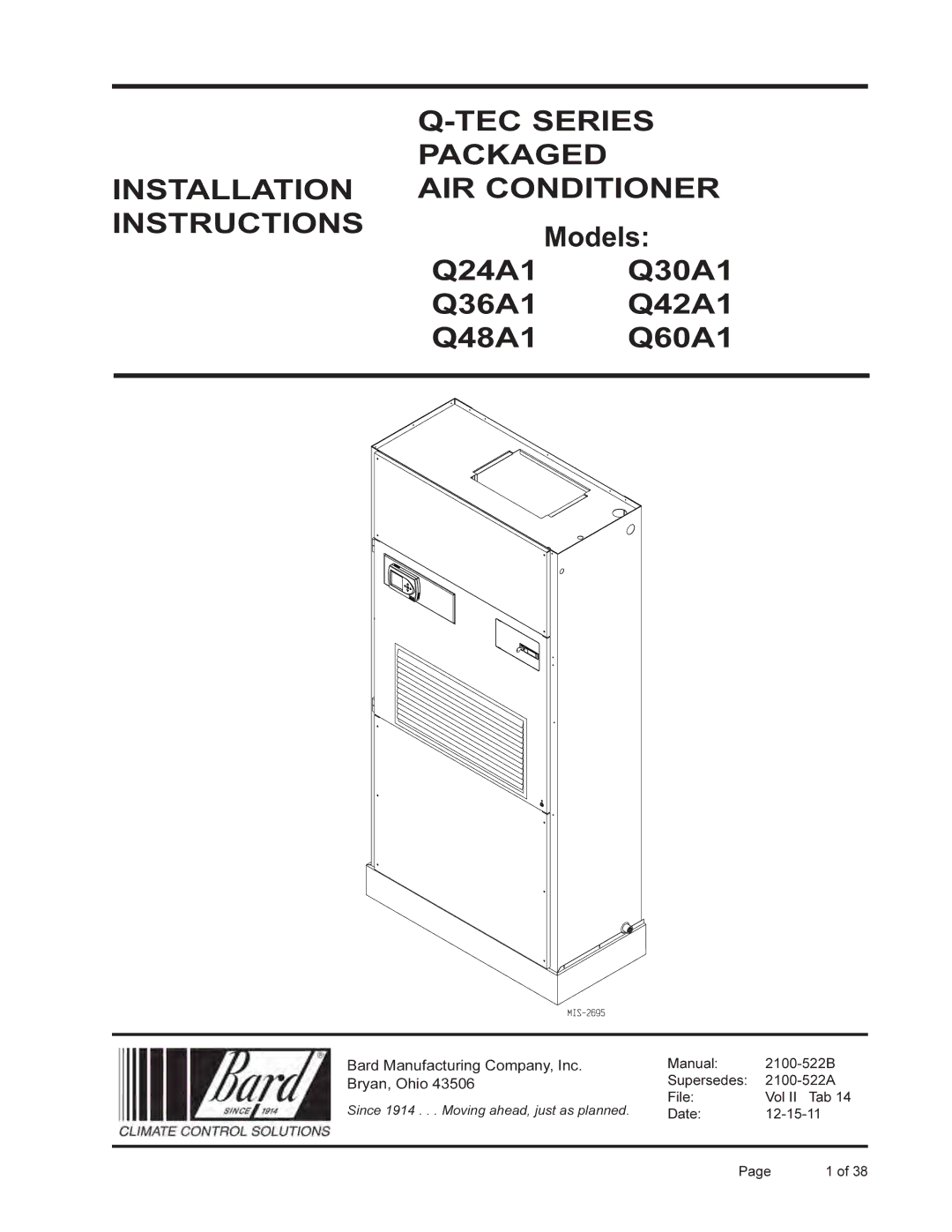 Bard Q36A1, Q30A1, Q42A1, Q60A1, Q24A1, Q48A1 installation instructions Models 