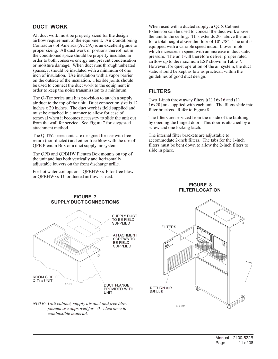 Bard Q48A1, Q30A1, Q36A1, Q42A1, Q60A1, Q24A1 Duct Work, Filters, Supply Duct Connections, Filter Location 