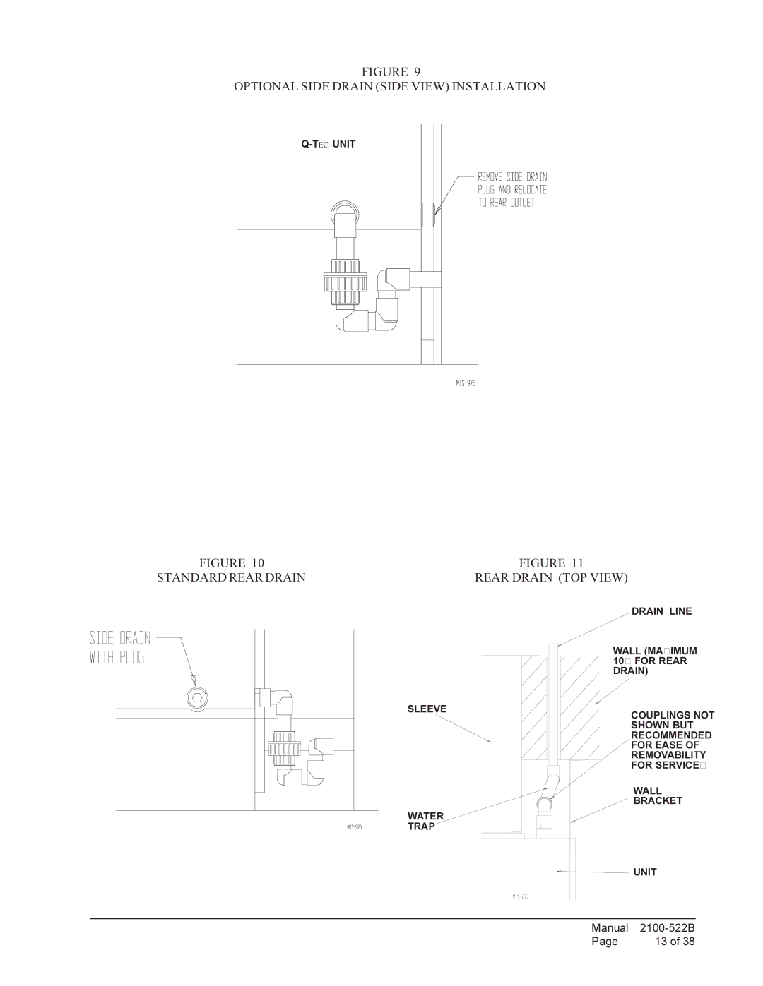 Bard Q36A1, Q30A1, Q42A1, Q60A1, Q24A1 Optional Side Drain Side View Installation, Standard Rear Drain Rear Drain TOP View 