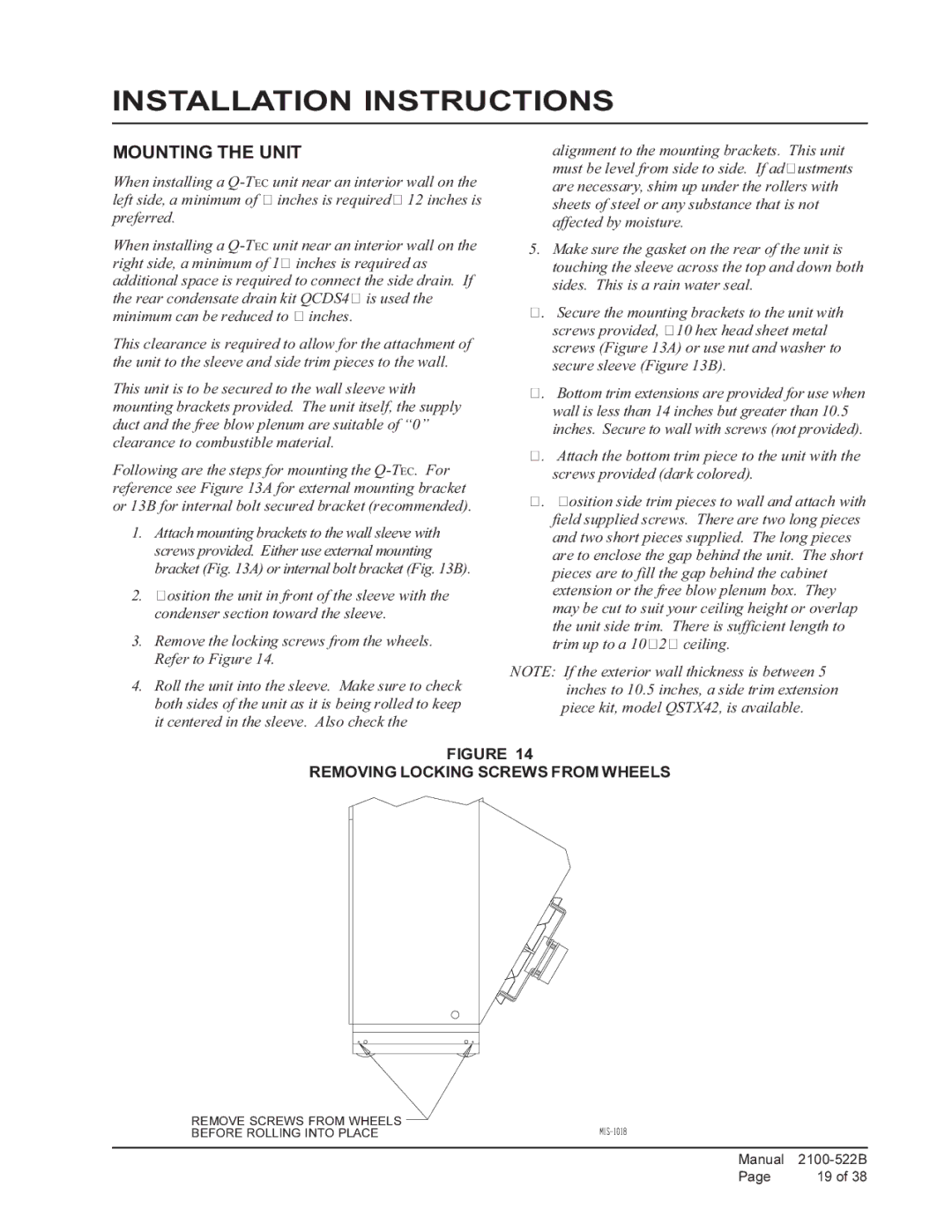 Bard Q36A1, Q30A1, Q42A1, Q60A1, Q24A1 Installation Instructions, Mounting the Unit, Removing Locking Screws from Wheels 