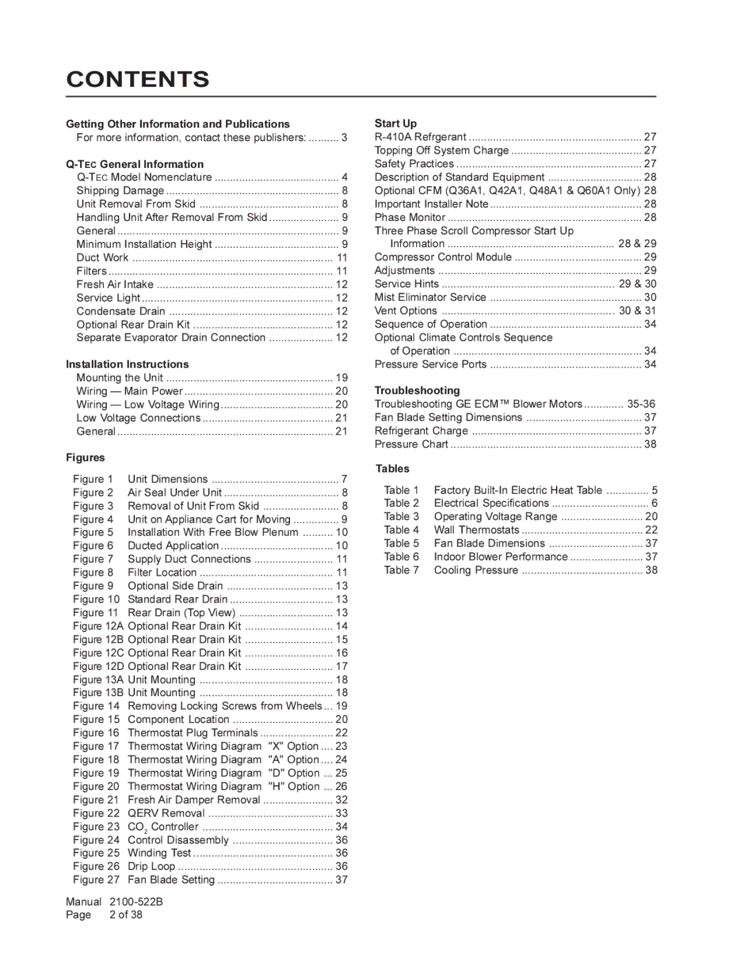 Bard Q42A1, Q30A1, Q36A1, Q60A1, Q24A1, Q48A1 installation instructions Contents 