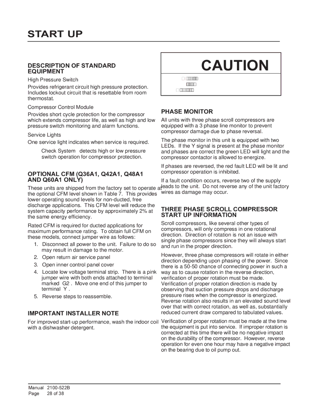 Bard Q24A1 Description of Standard Equipment, Optional CFM Q36A1, Q42A1, Q48A1 and Q60A1 only, Important Installer Note 