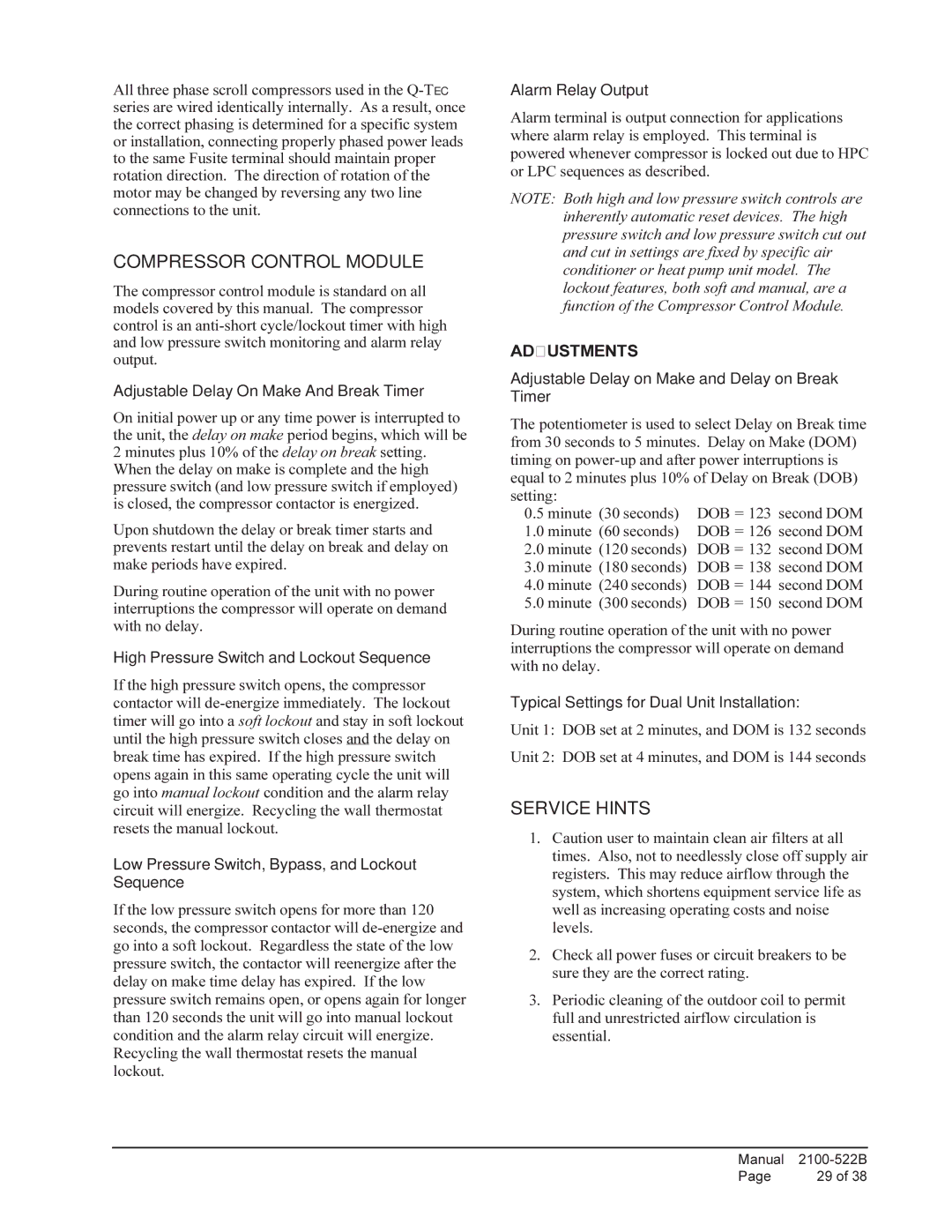 Bard Q48A1, Q30A1, Q36A1, Q42A1, Q60A1, Q24A1 installation instructions Compressor Control Module, Service Hints 