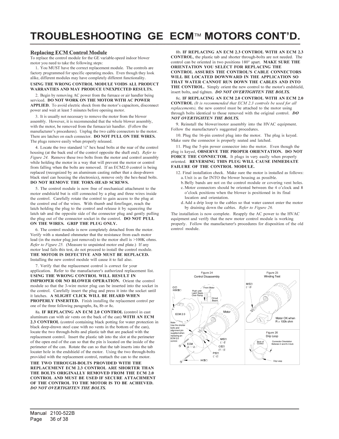 Bard Q30A1, Q36A1, Q42A1, Q60A1, Q24A1, Q48A1 Troubleshooting GE ECM Motors CONT’D, Replacing ECM Control Module 