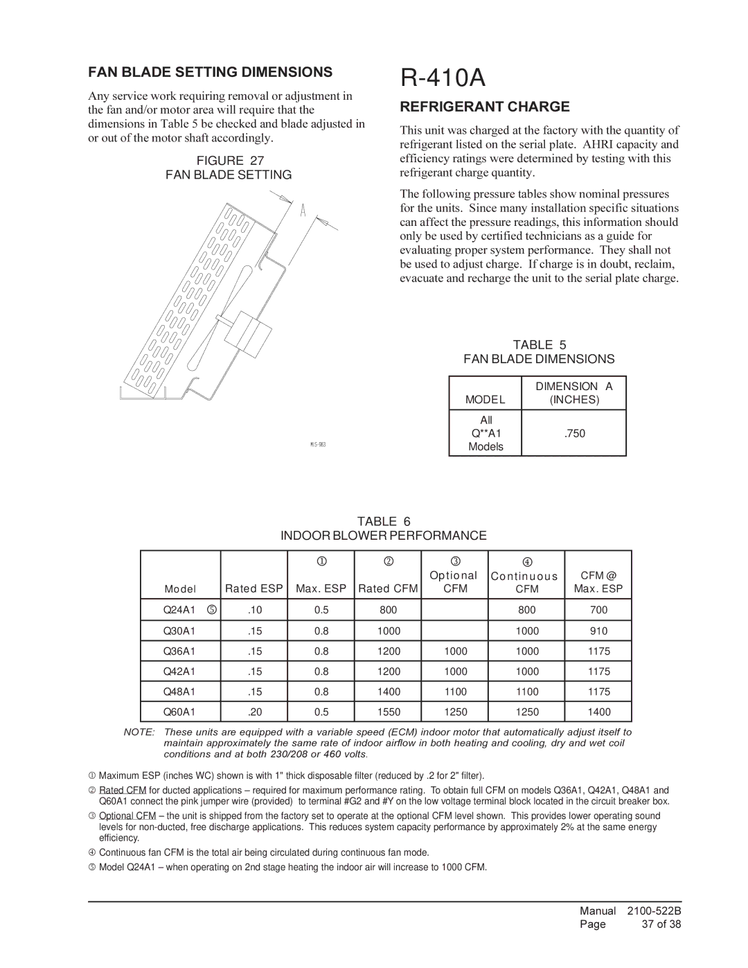 Bard Q36A1, Q30A1, Q42A1 FAN Blade Setting Dimensions, Refrigerant Charge, FAN Blade Dimensions, Indoor Blower Performance 