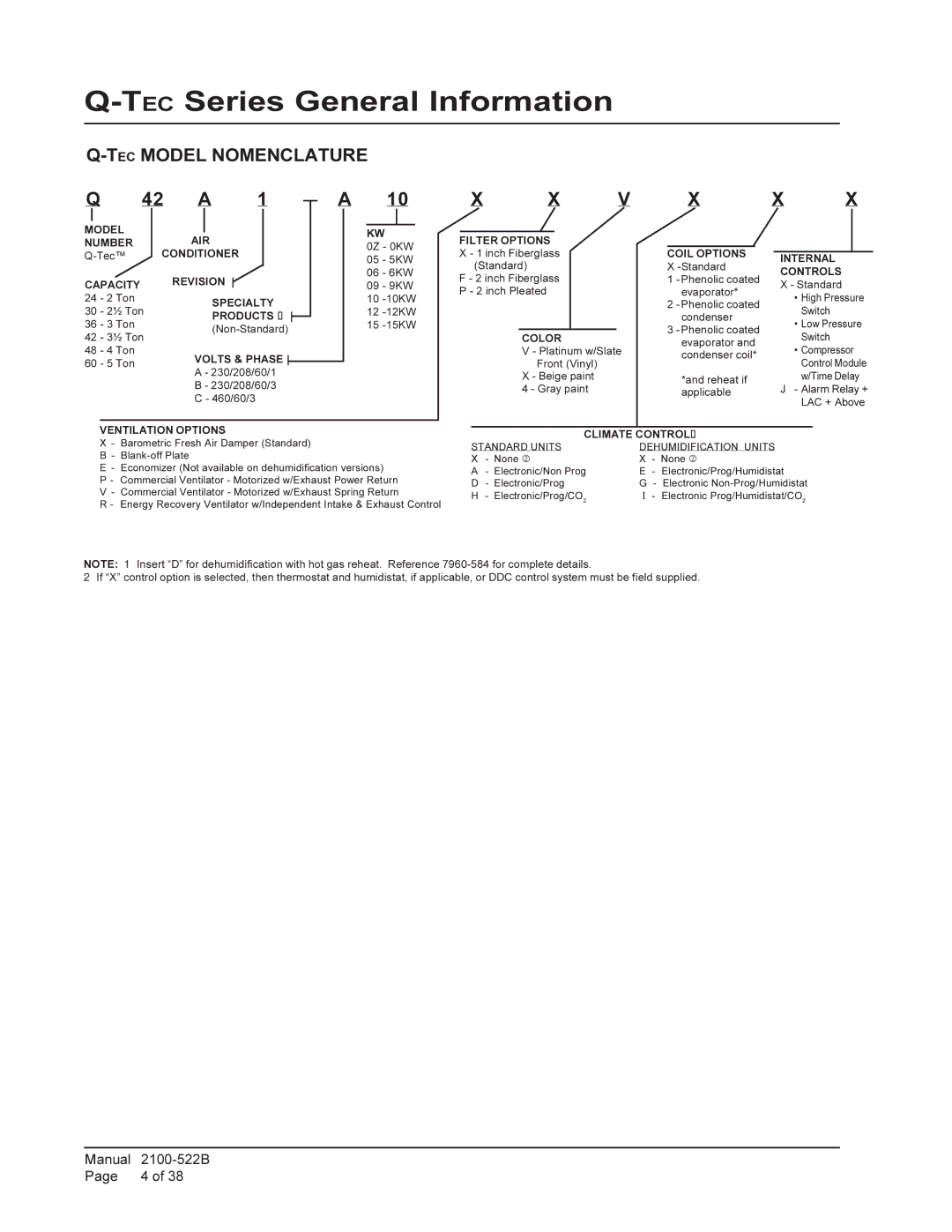 Bard Q24A1, Q30A1, Q36A1, Q42A1, Q60A1, Q48A1 installation instructions TECSeries General Information, Tecmodel Nomenclature 