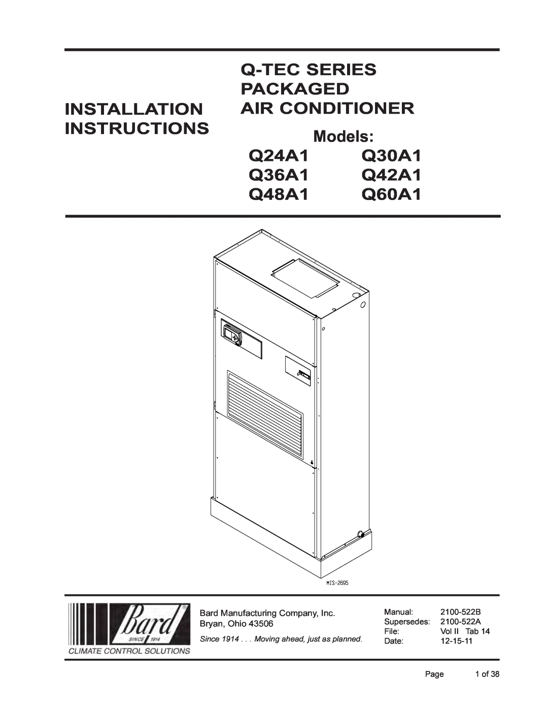 Bard Q36A1 installation instructions Q-Tecseries Packaged, Installation, Air Conditioner, Instructions, Models, Q24A1 