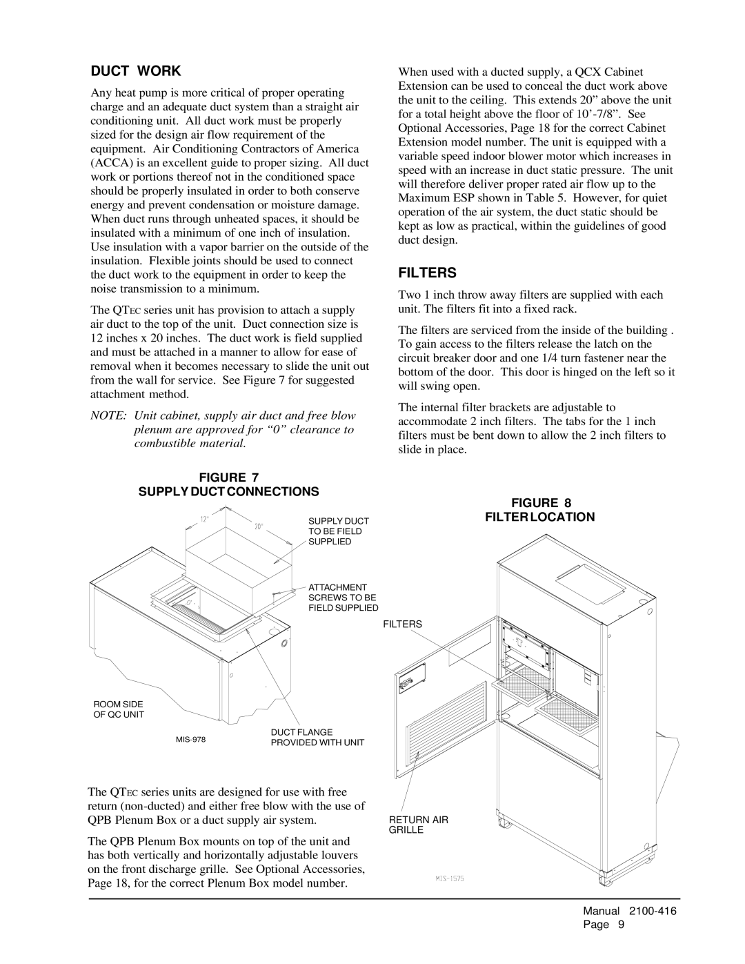 Bard QC501 installation instructions Duct Work, Filters, Supply Duct Connections, Filter Location 