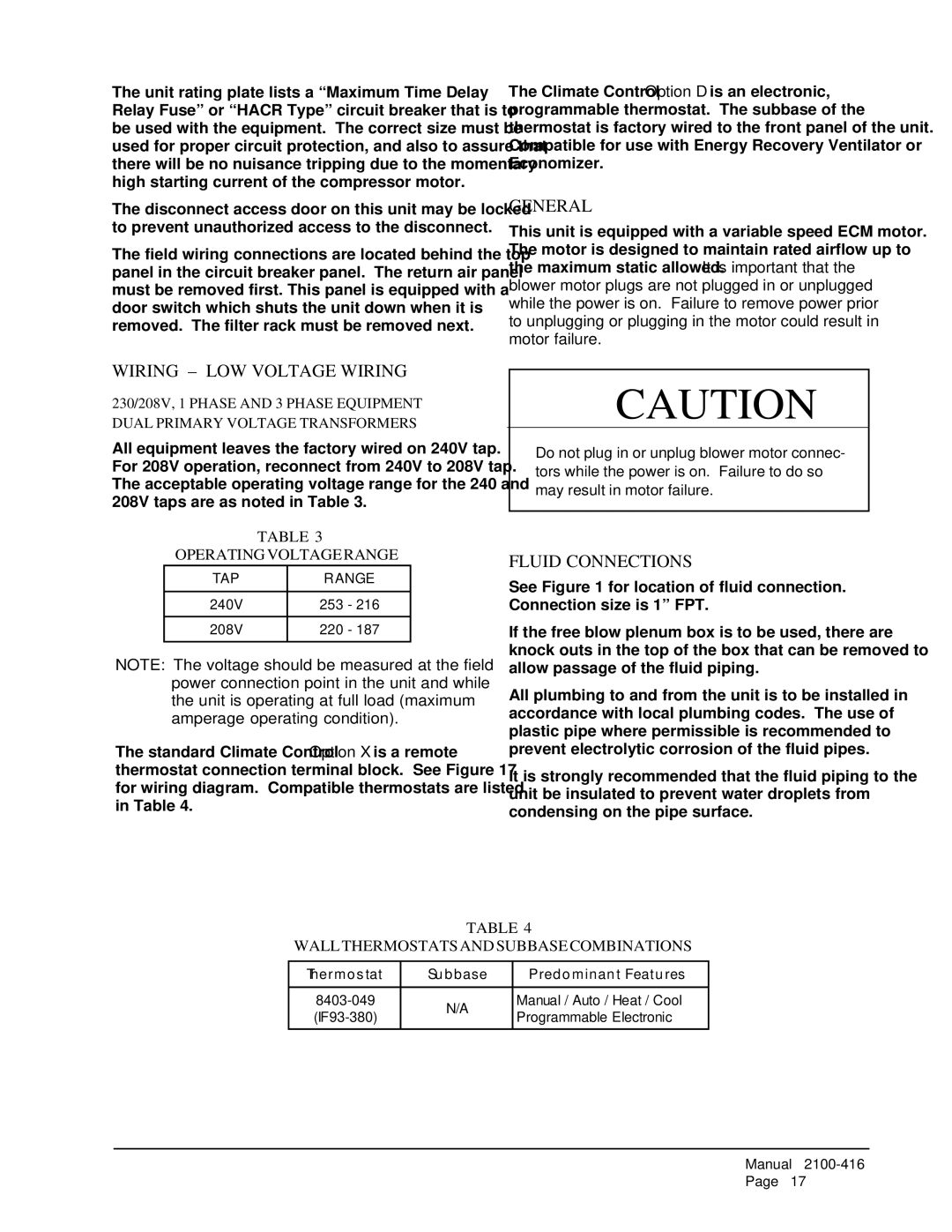 Bard QC501 installation instructions Wiring LOW Voltage Wiring, Fluid Connections, Operating Voltage Range 