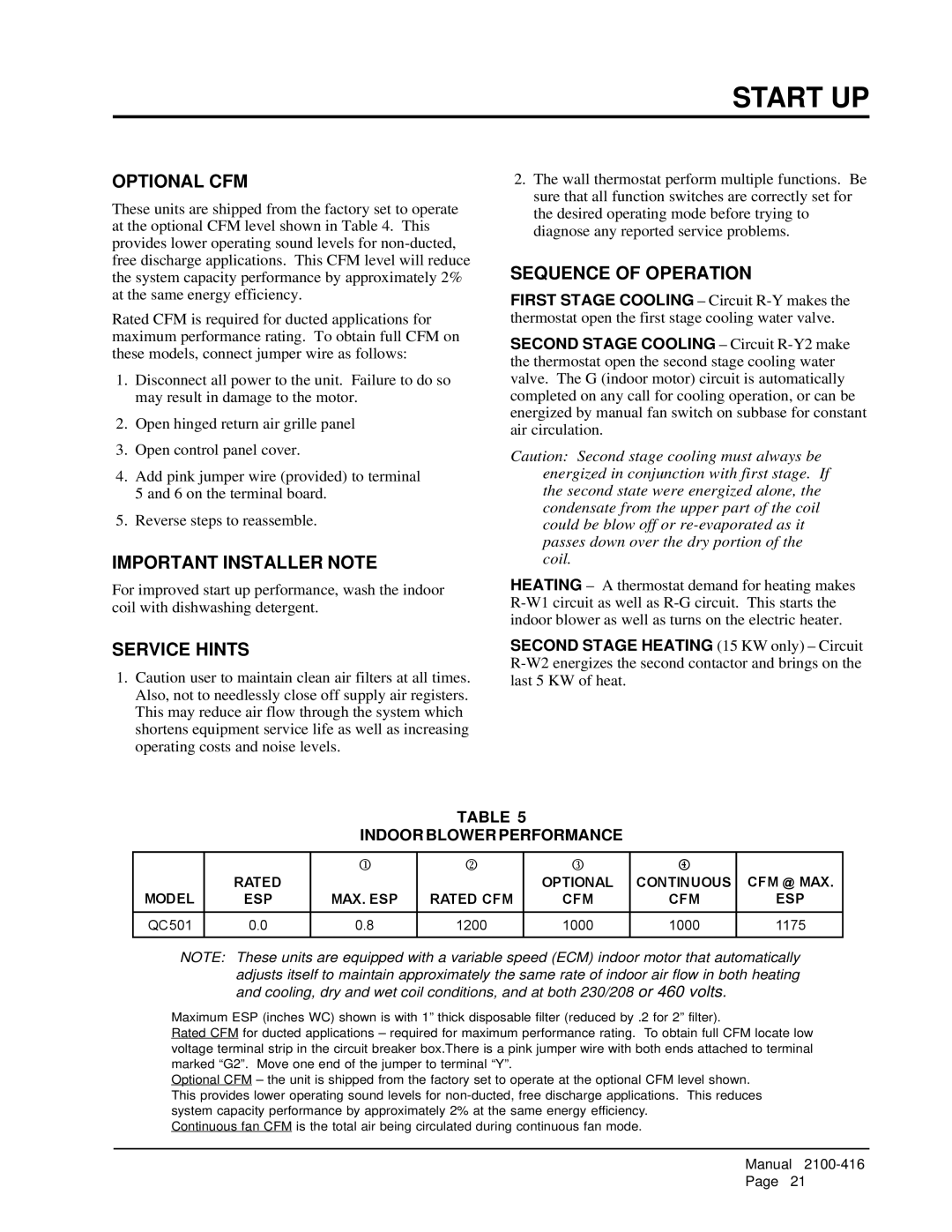 Bard QC501 installation instructions Start UP, Optional CFM, Important Installer Note, Service Hints, Sequence of Operation 