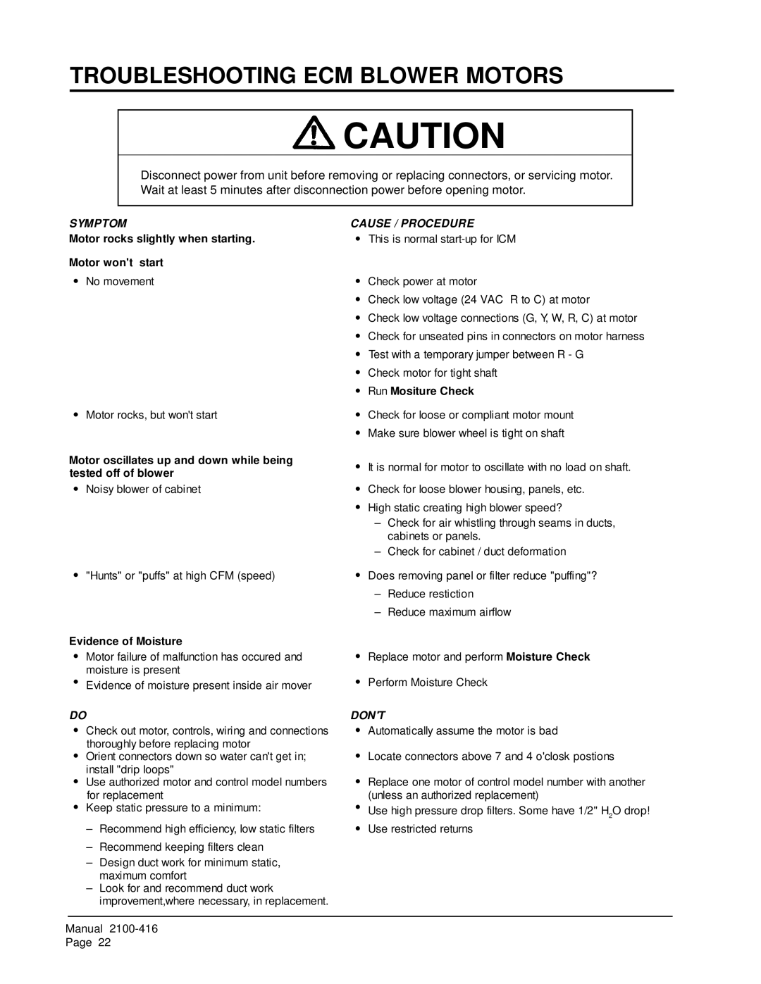 Bard QC501 installation instructions Troubleshooting ECM Blower Motors, Symptom 