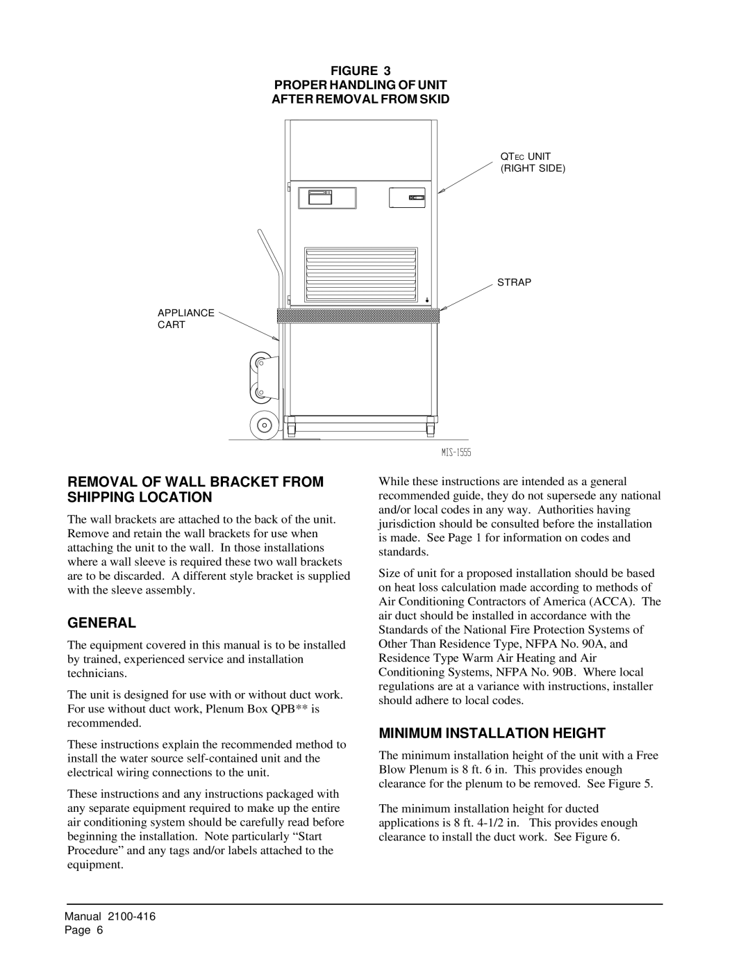 Bard QC501 installation instructions Removal of Wall Bracket from Shipping Location, General, Minimum Installation Height 