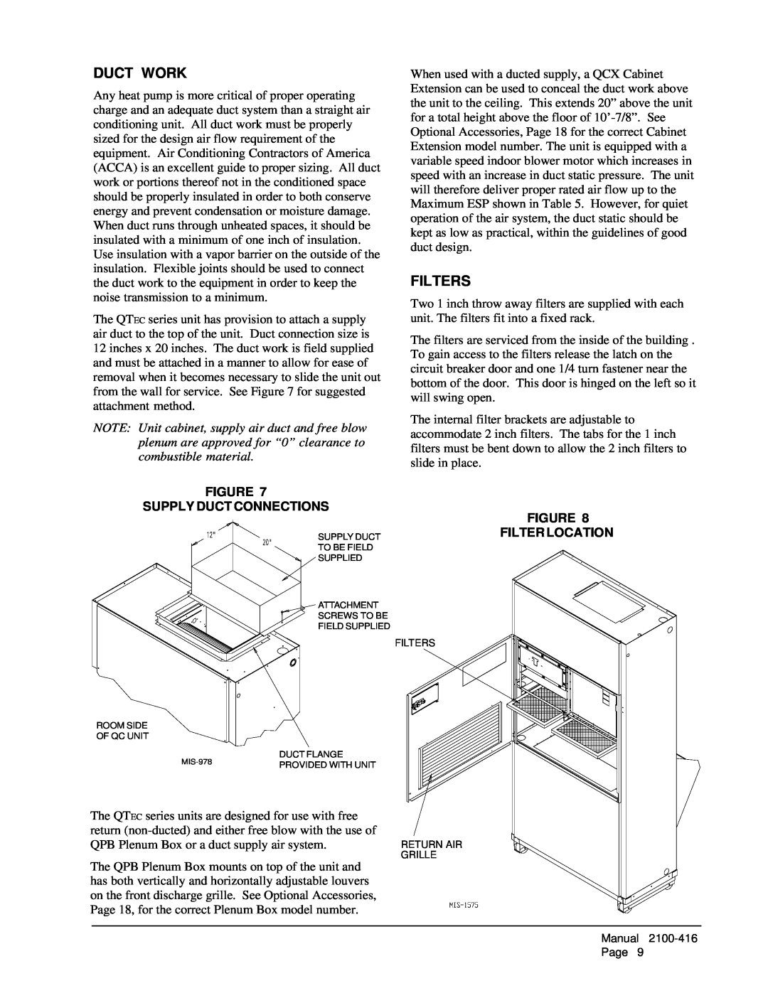 Bard QC501 installation instructions Duct Work, Filters, Figure Supply Duct Connections, Figure Filter Location 