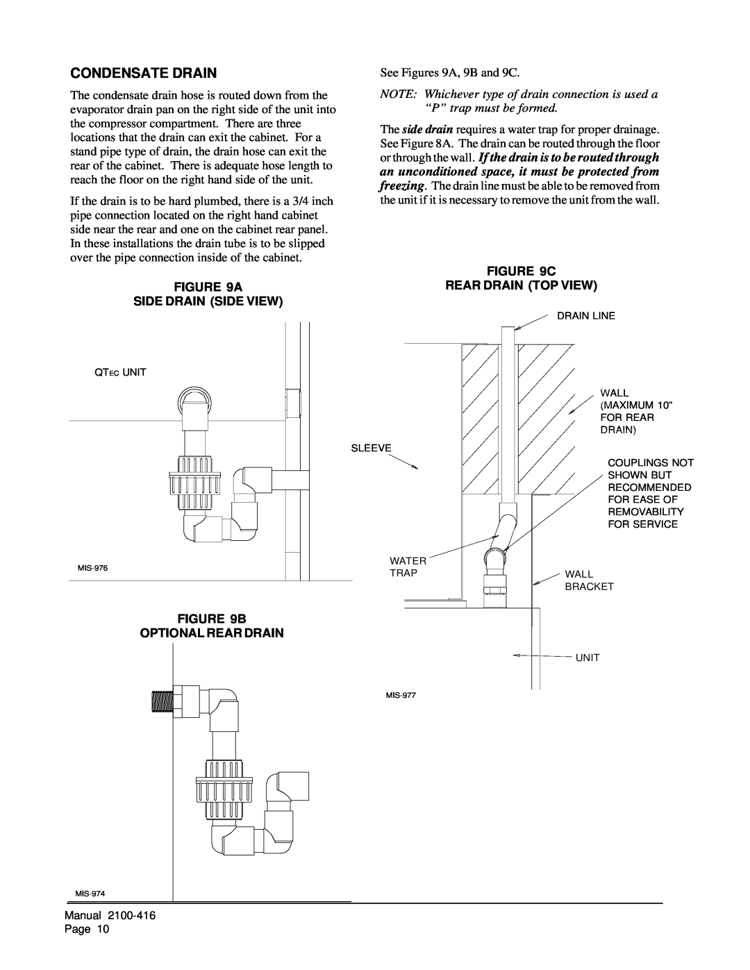 Bard QC501 installation instructions Condensate Drain, A Side Drain Side View, C Rear Drain Top View, B Optional Rear Drain 