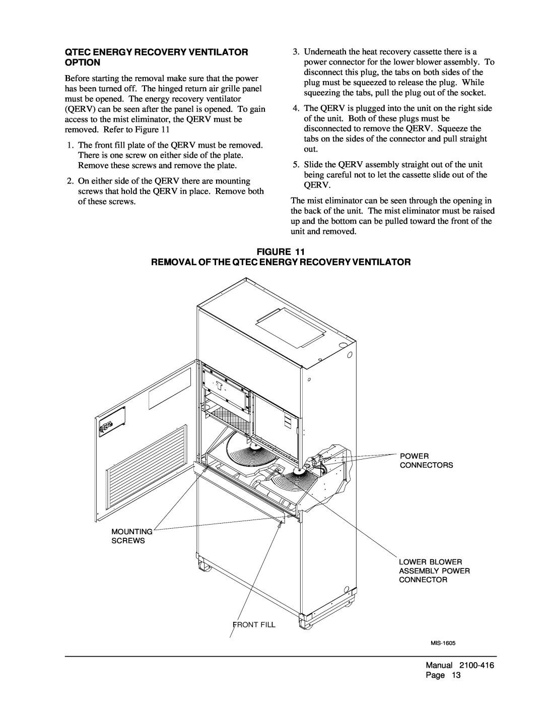 Bard QC501 installation instructions Qtec Energy Recovery Ventilator Option, Removal Of The Qtec Energy Recovery Ventilator 
