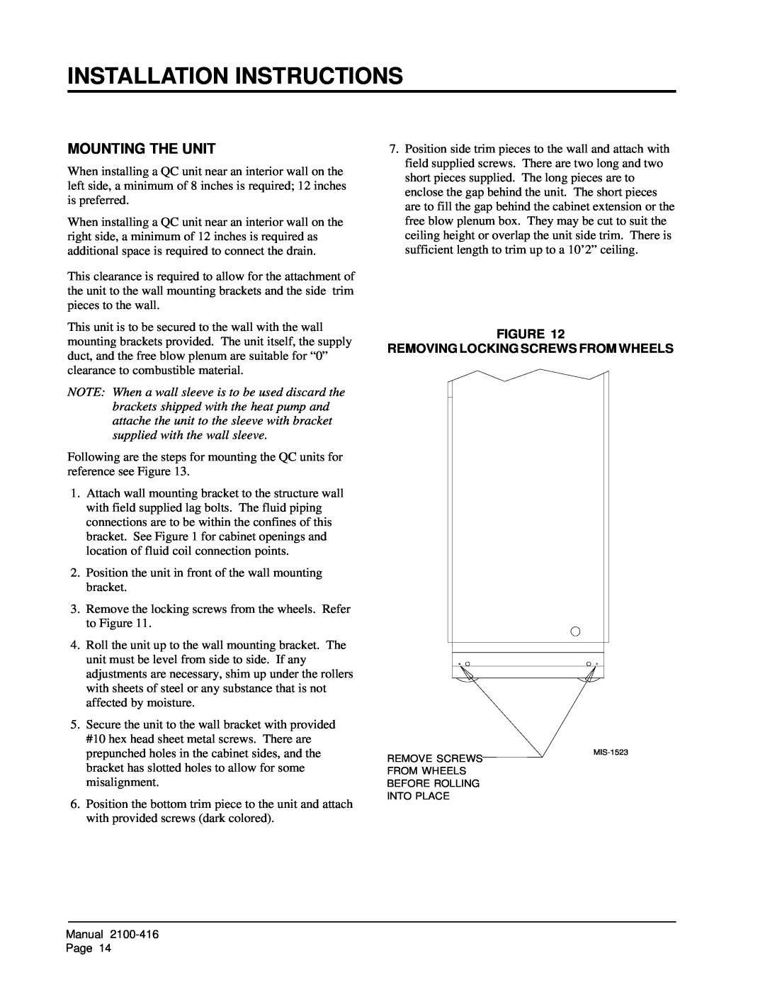 Bard QC501 Installation Instructions, Mounting The Unit, Figure Removing Locking Screws From Wheels 