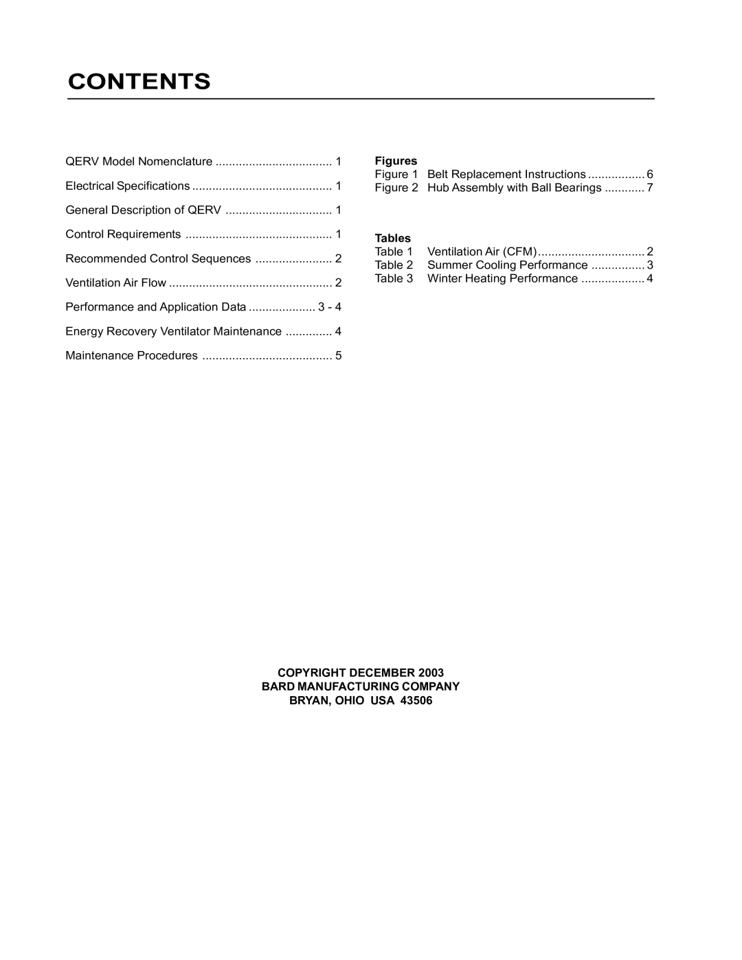 Bard QERV-A4B, QERV2-A4B manual Contents 