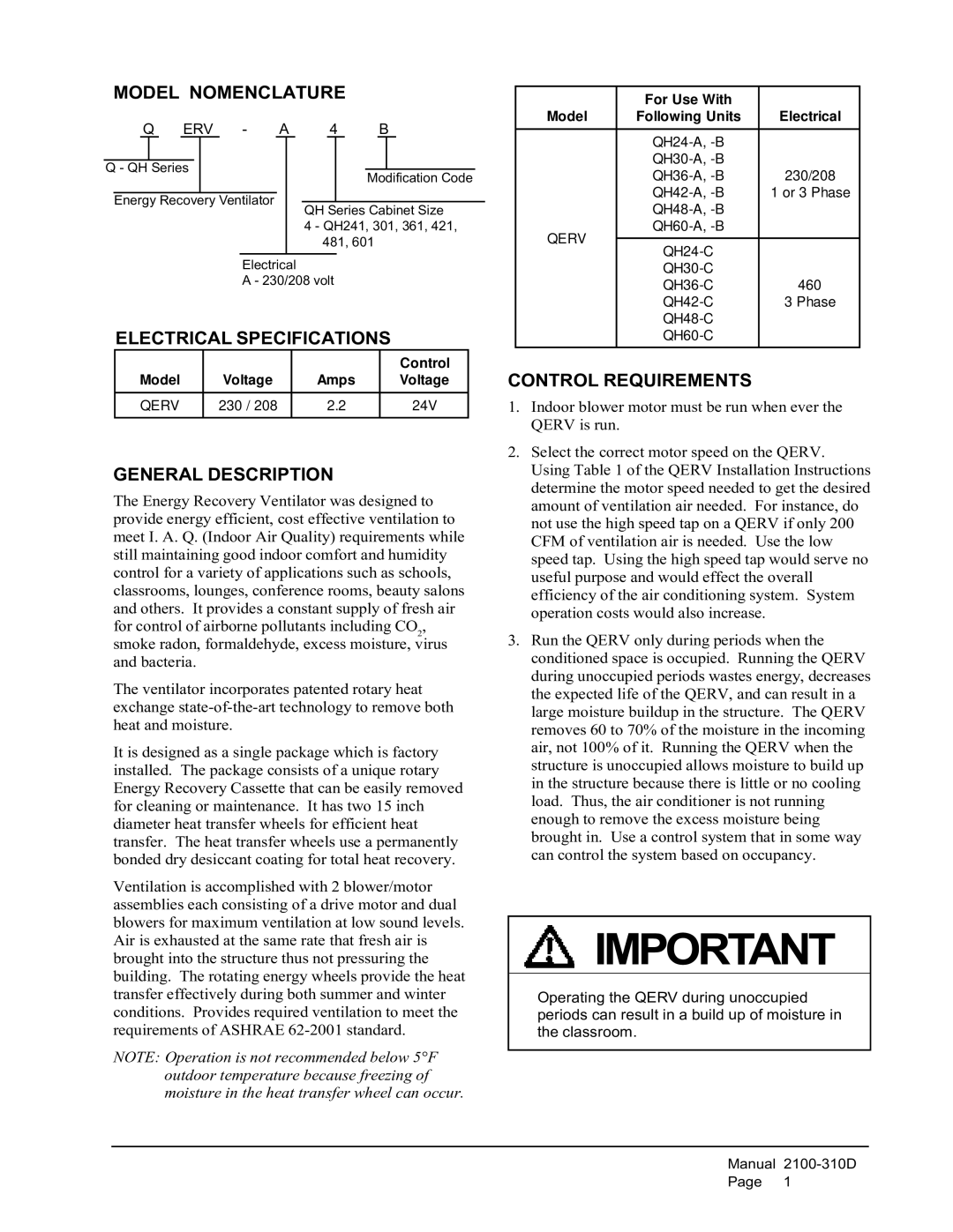 Bard QERV2-A4B, QERV-A4B manual Model Nomenclature, Electrical Specifications, General Description, Control Requirements 