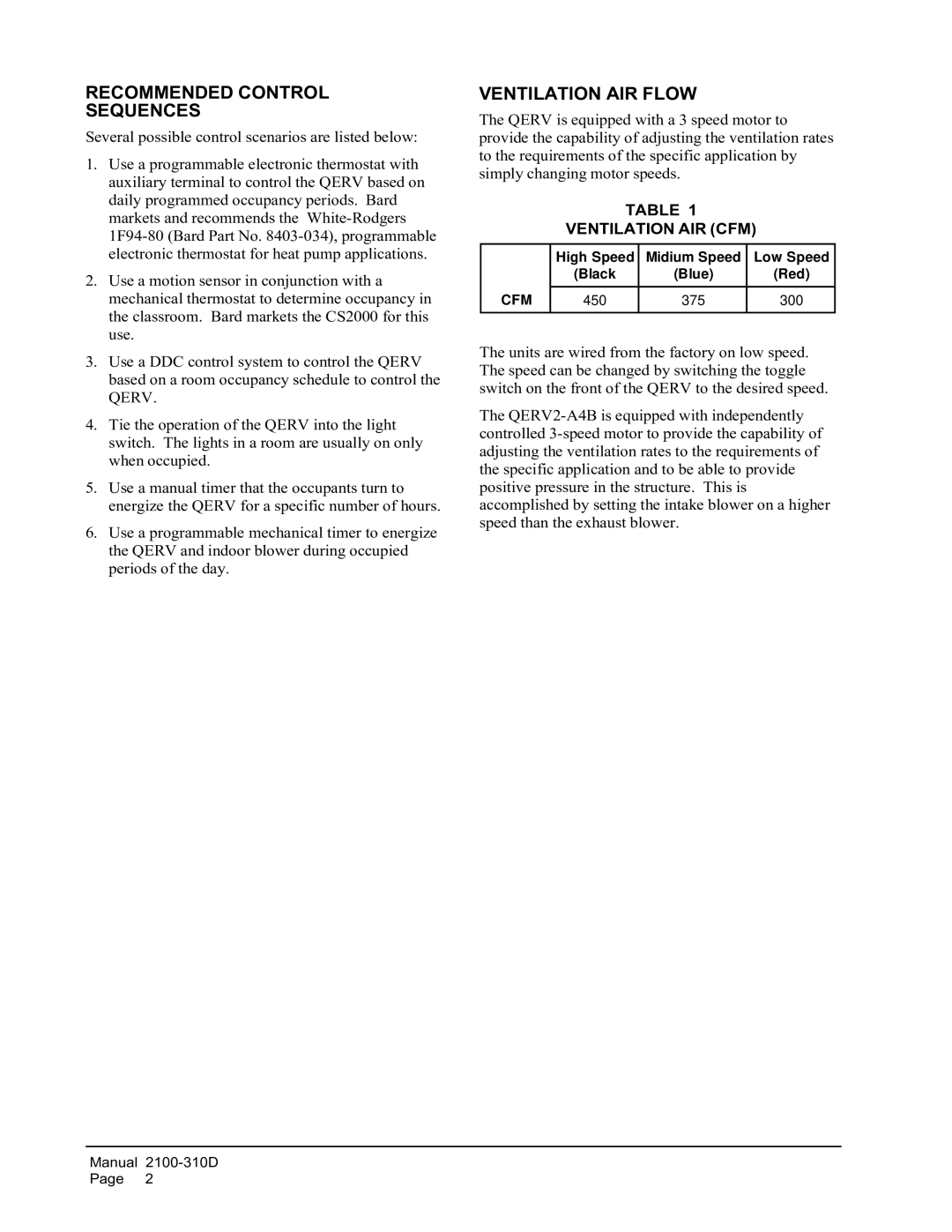 Bard QERV-A4B, QERV2-A4B manual Recommended Control Sequences, Ventilation AIR Flow, Ventilation AIR CFM 