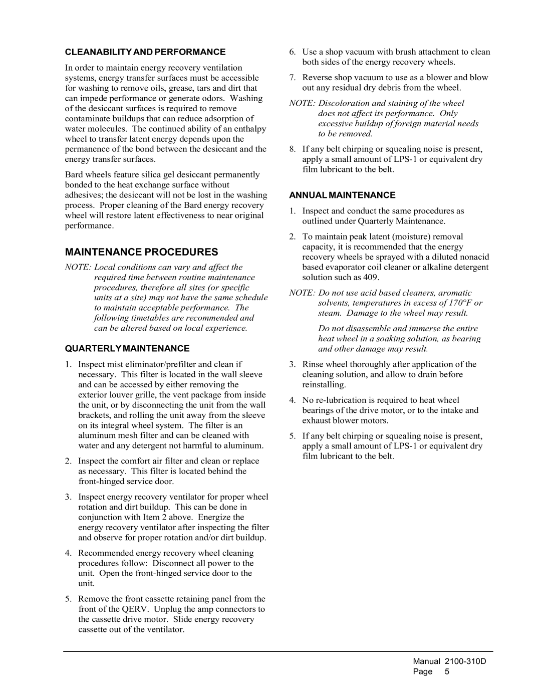 Bard QERV2-A4B, QERV-A4B Maintenance Procedures, Cleanability and Performance, Quarterly Maintenance, Annual Maintenance 