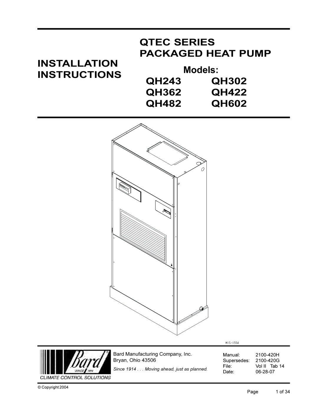 Bard QH602, QH243, QH482, QH422, QH362, QH302 installation instructions Qtec Series Packaged Heat Pump Installation 