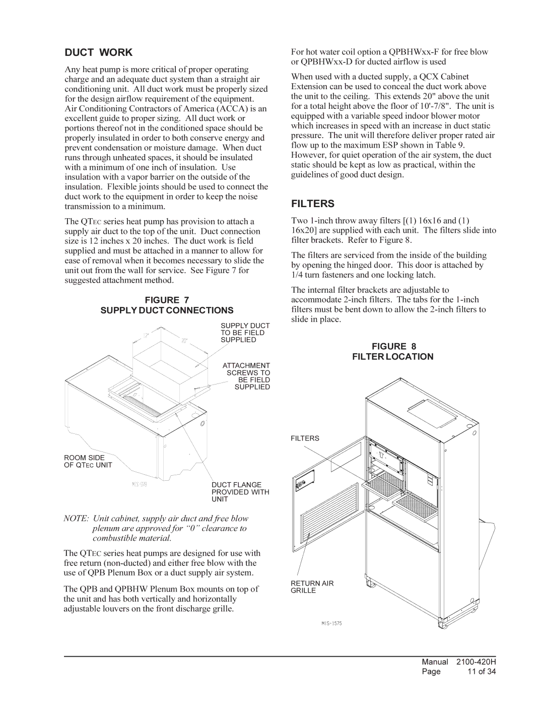 Bard QH302, QH243, QH602, QH482, QH422, QH362 Duct Work, Filters, Supply Duct Connections, Filter Location 