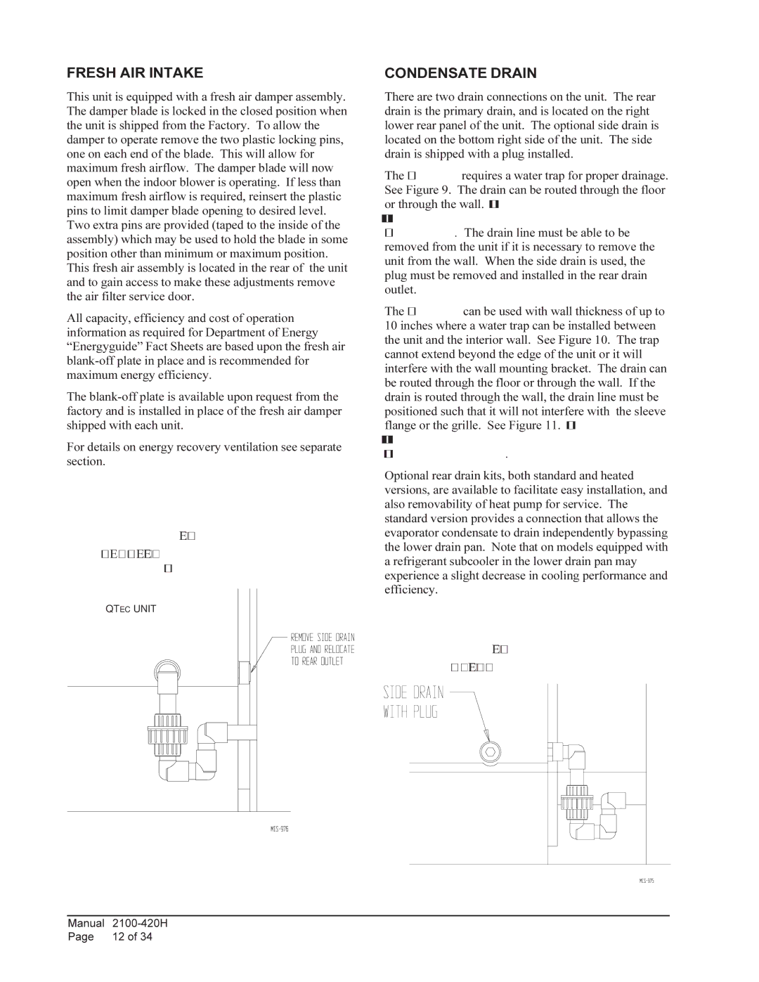 Bard QH243, QH602 Fresh AIR Intake, Condensate Drain, Optional Side Drain Side View Installation, Standard Rear Drain 