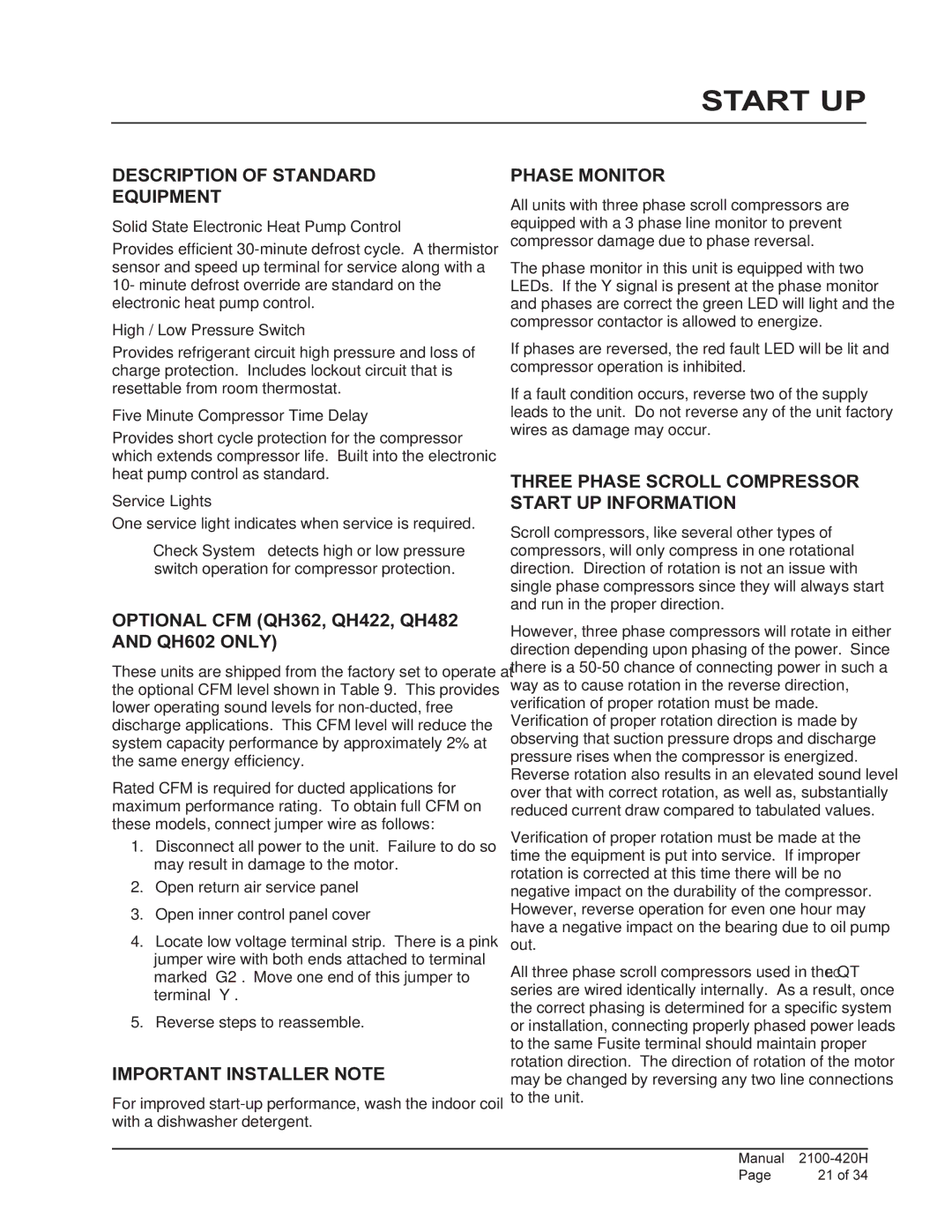 Bard QH422, QH243, QH602, QH482, QH362, QH302 installation instructions Start UP 