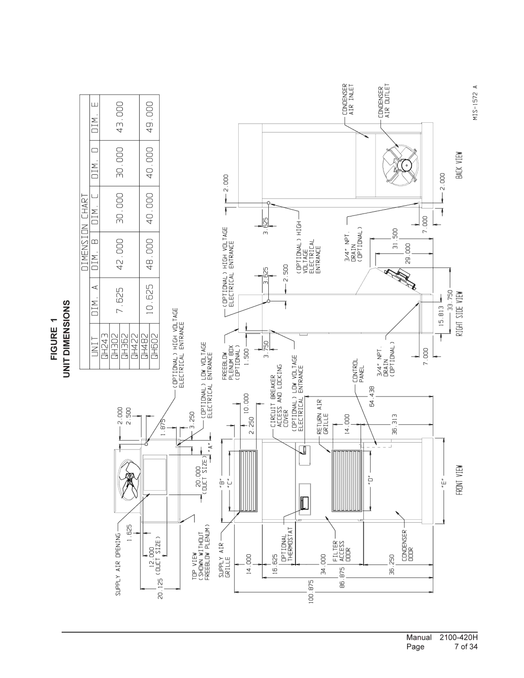 Bard QH602, QH243, QH482, QH422, QH362, QH302 installation instructions Unit Dimensions 