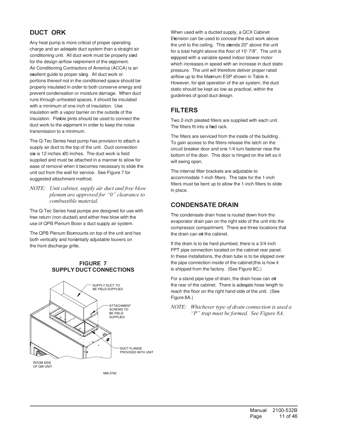 Bard QW2S1, QW4S1, QW3S1, QW5S1 installation instructions Duct Work, Filters, Condensate Drain, Supply Duct Connections 