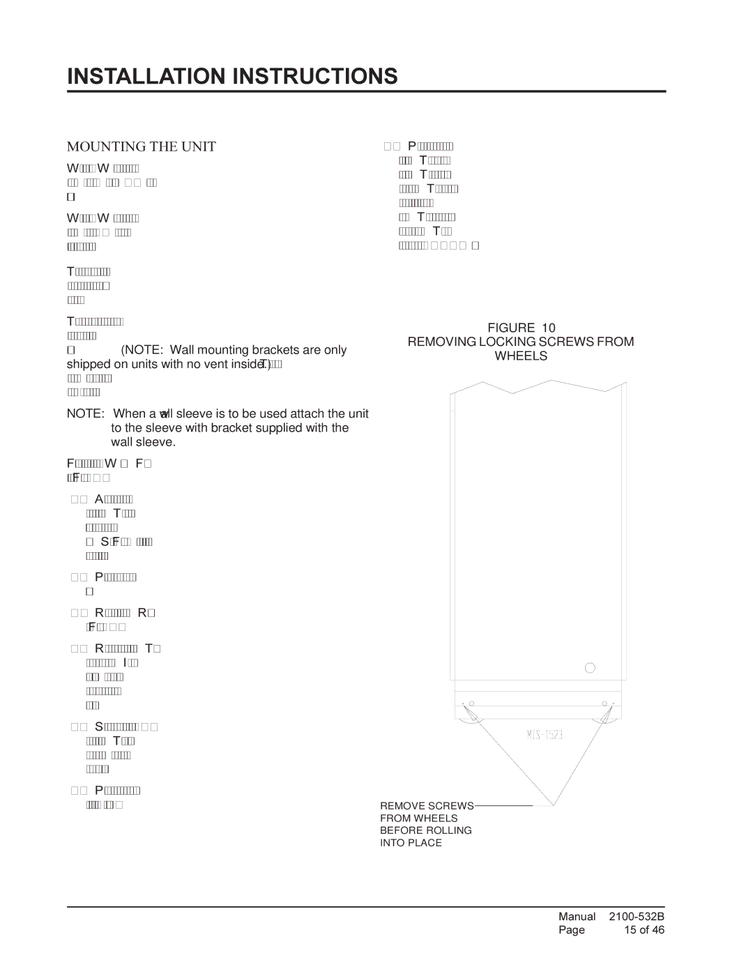 Bard QW2S1, QW4S1, QW3S1, QW5S1 Installation Instructions, Mounting the Unit, Removing Locking Screws from Wheels 