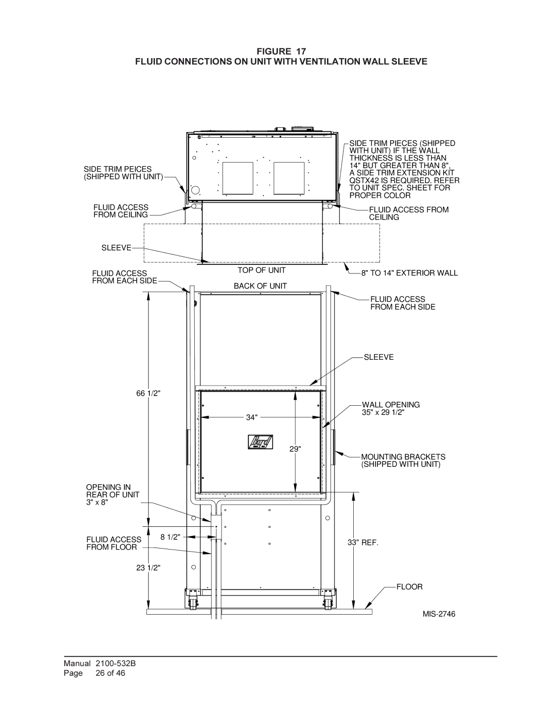 Bard QW5S1, QW4S1 Fluid Connections on Unit with Ventilation Wall Sleeve, Opening Rear of Unit Fluid Access From Floor 