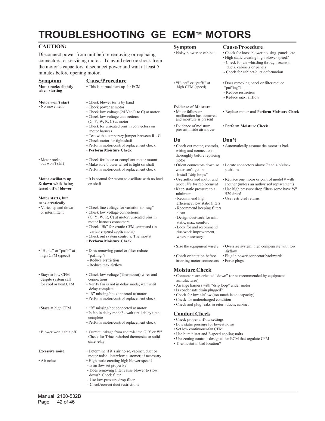 Bard QW5S1, QW4S1, QW3S1, QW2S1 installation instructions Troubleshooting GE ECM Motors, Don’t 