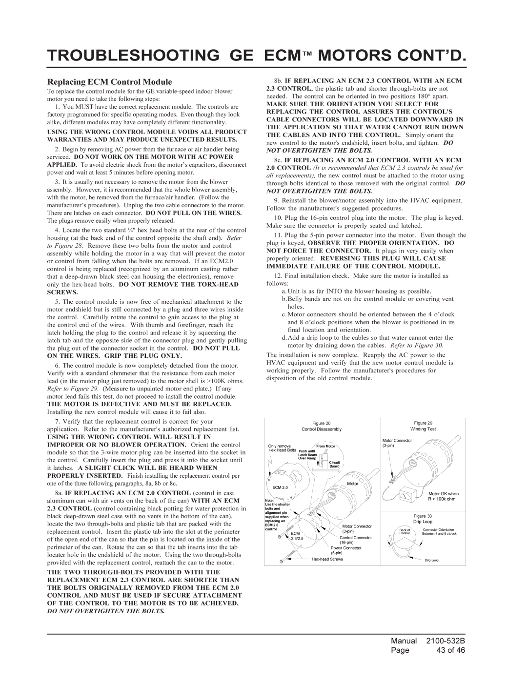 Bard QW2S1, QW4S1, QW3S1, QW5S1 installation instructions Troubleshooting GE ECM Motors CONT’D, Replacing ECM Control Module 