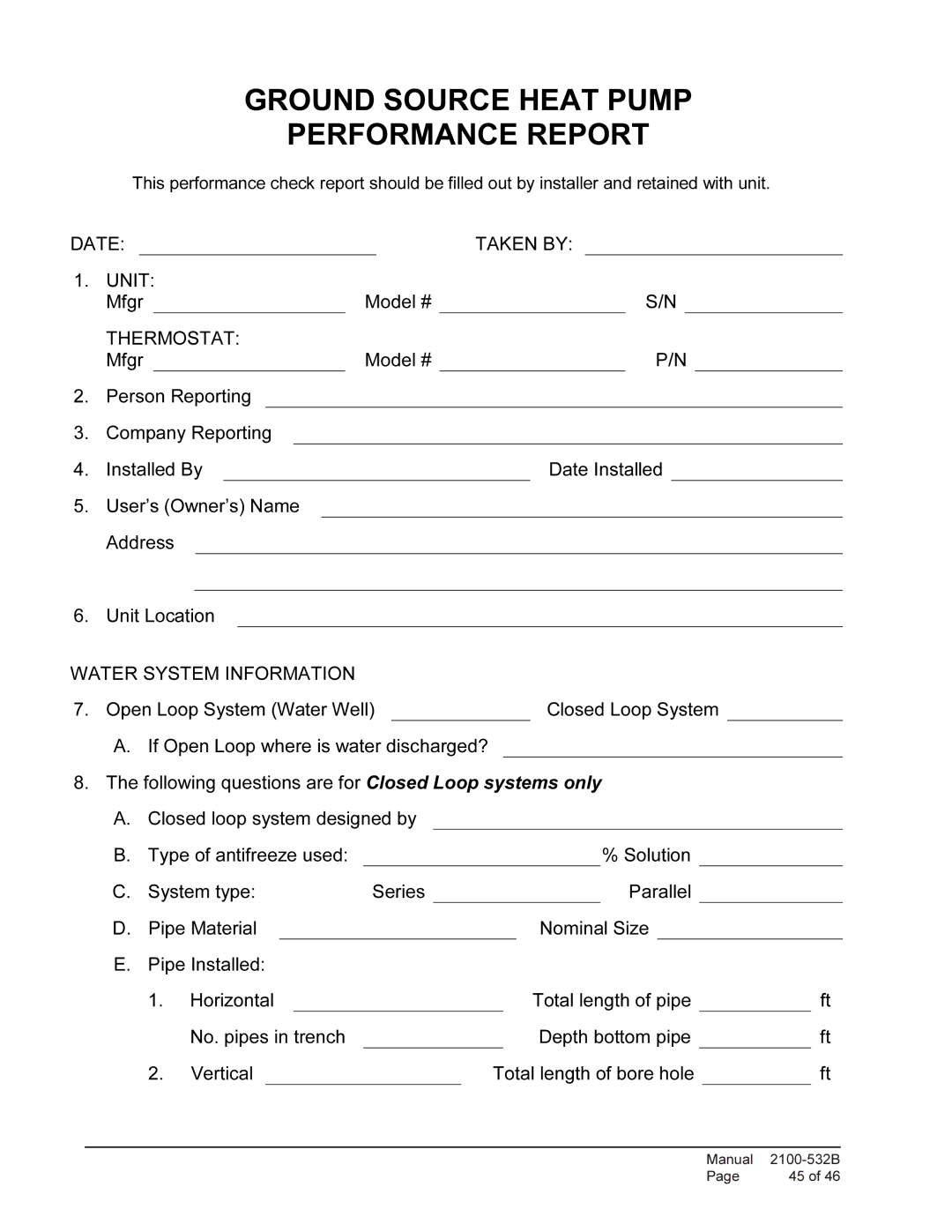 Bard QW3S1, QW4S1, QW5S1, QW2S1 installation instructions Ground Source Heat Pump Performance Report 