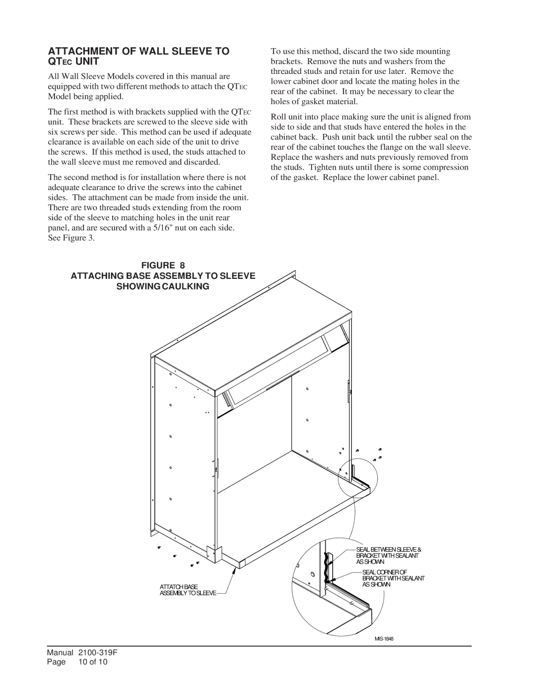 Bard QWS48A-23, QWS48A-19 Attachment of Wall Sleeve to Qtec Unit, Attaching Base Assembly to Sleeve Showing Caulking 