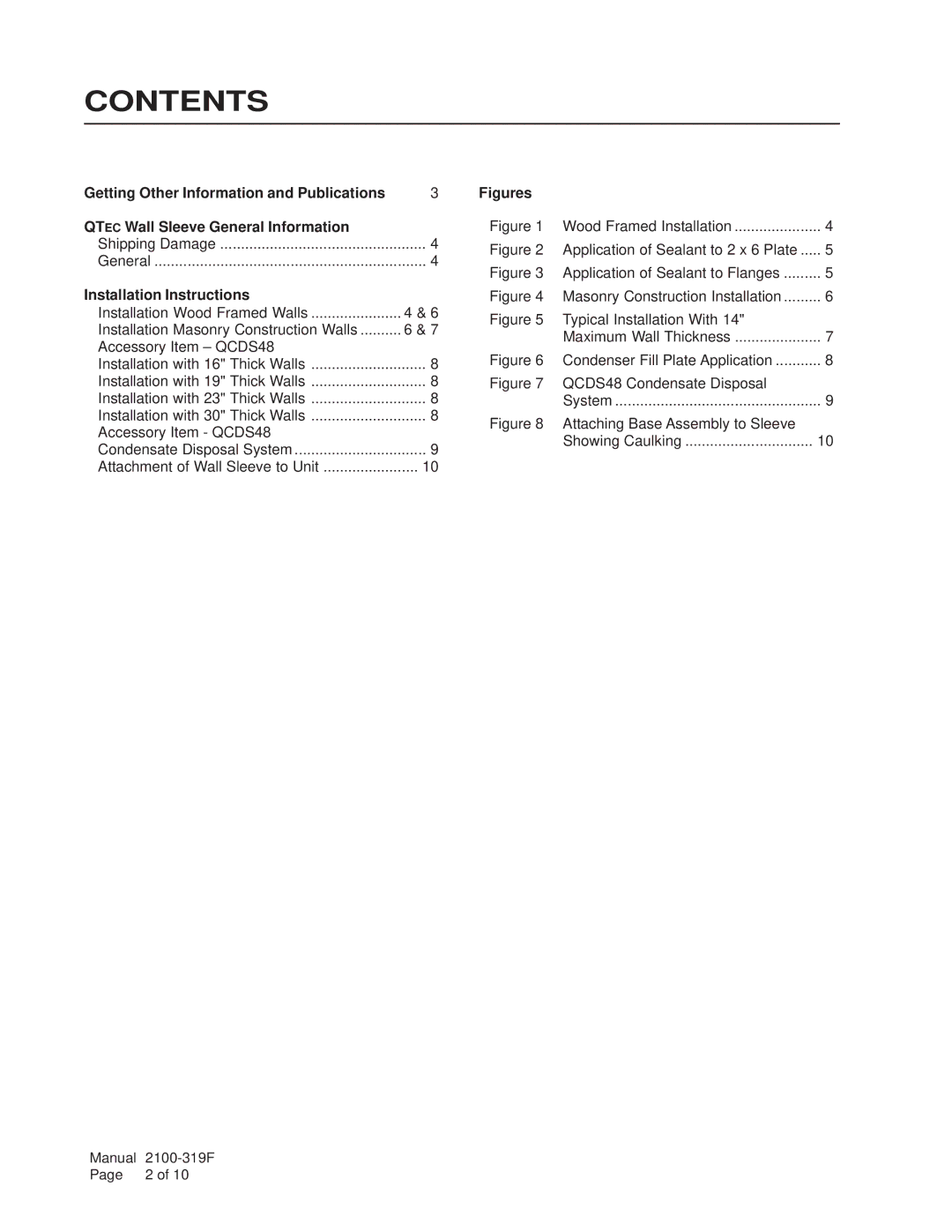 Bard QWS48A- 16, QWS48A-23, QWS48A-19, QWS48A-30 installation instructions Contents 