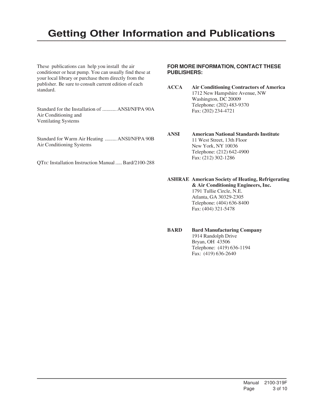 Bard QWS48A-30, QWS48A-23 Getting Other Information and Publications, For More INFORMATION, Contact These Publishers 