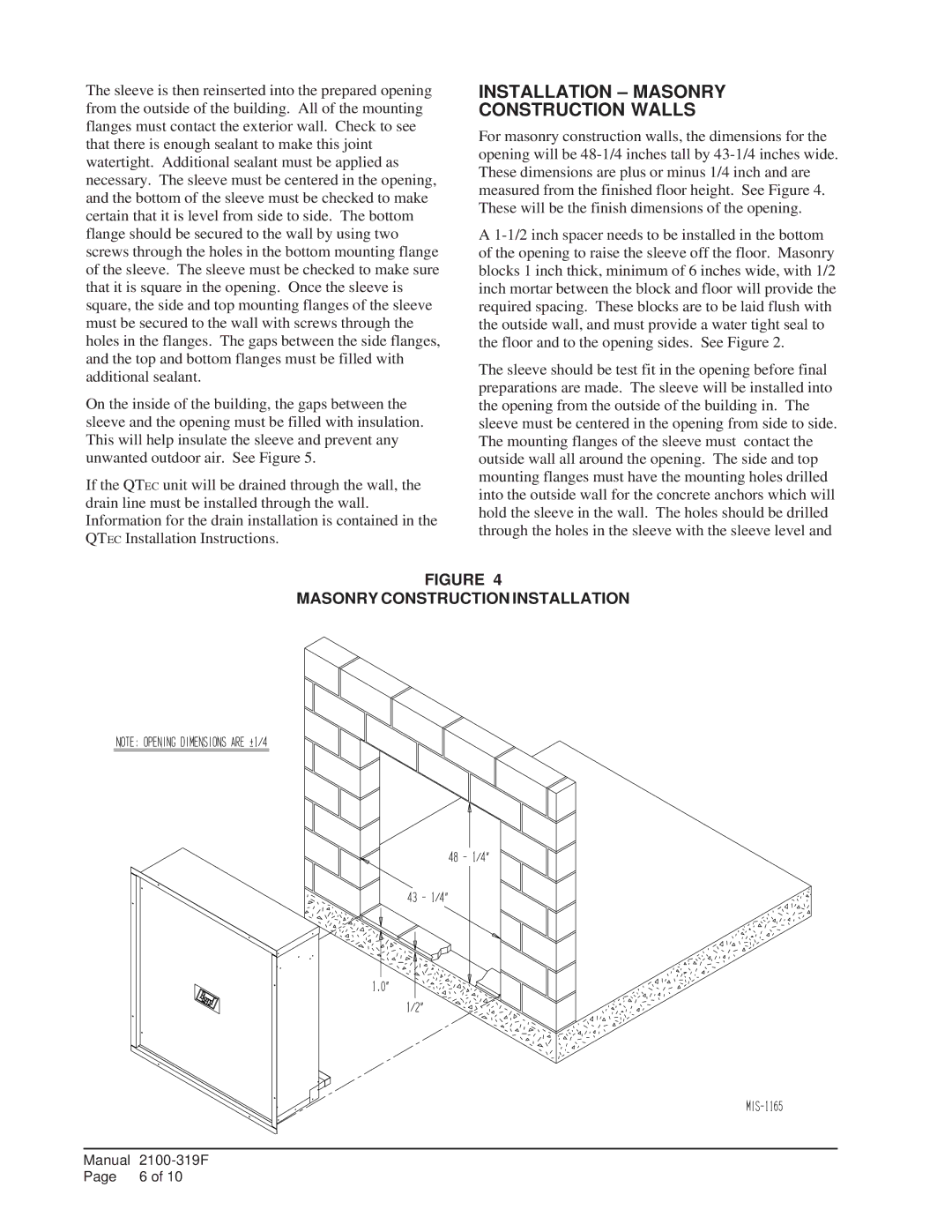 Bard QWS48A-19, QWS48A-23, QWS48A- 16, QWS48A-30 Installation Masonry Construction Walls, Masonry Construction Installation 