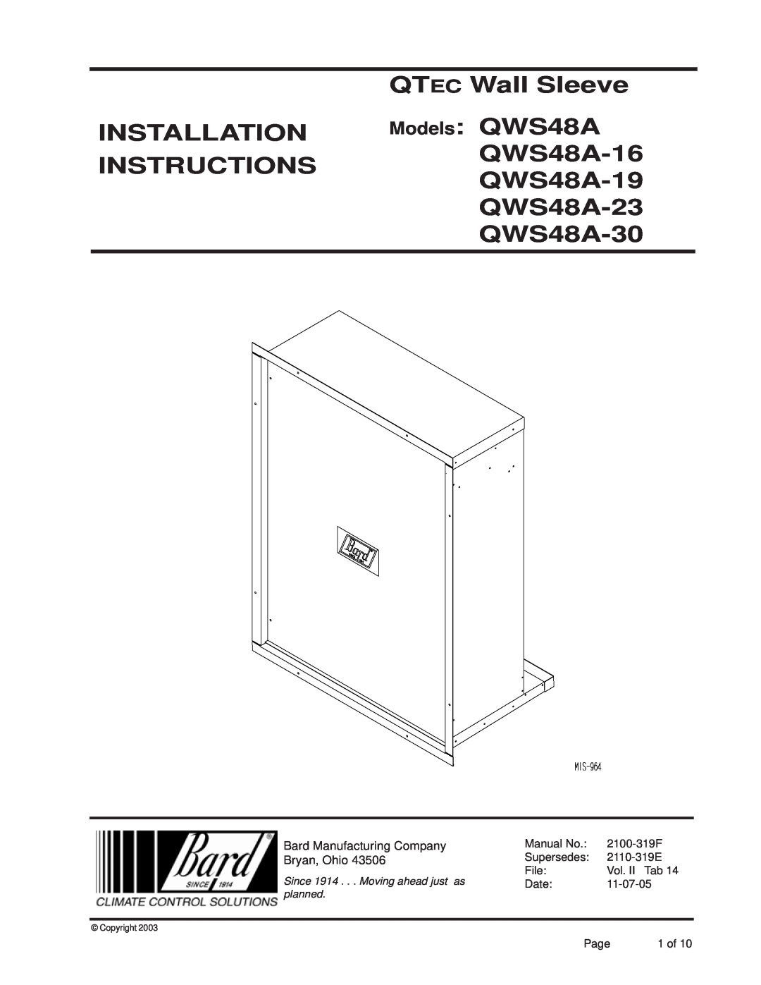 Bard QWS48A-19, QWS48A-23, QWS48A- 16 installation instructions QTEC Wall Sleeve INSTALLATION Models QWS48A, Copyright 