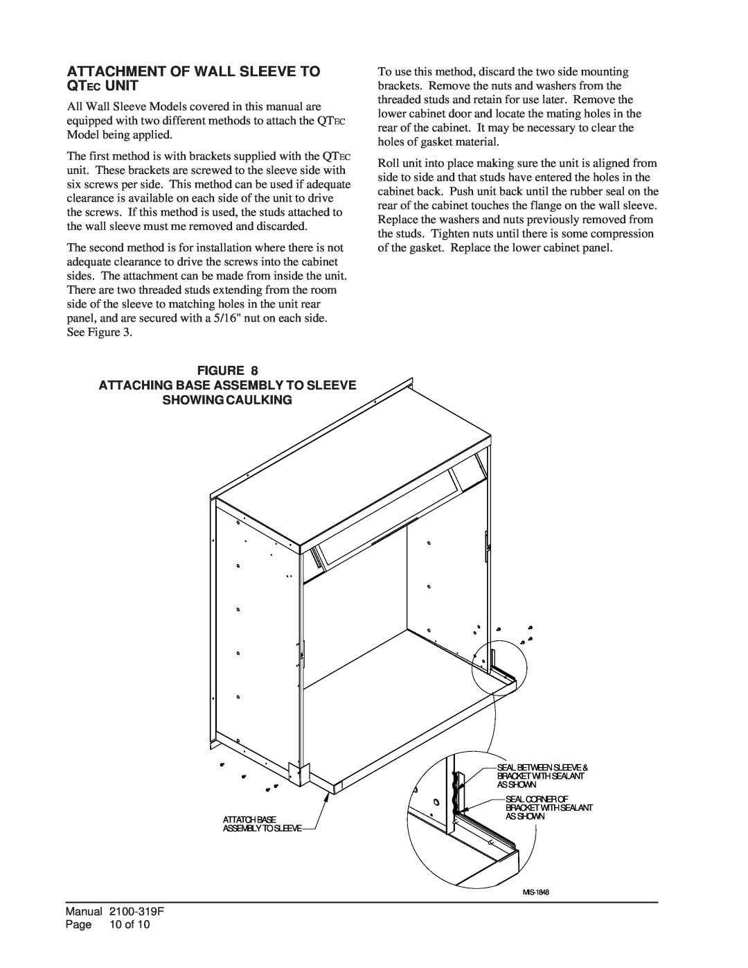 Bard QWS48A-23, QWS48A-19 Attachment Of Wall Sleeve To Qtec Unit, Attaching Base Assembly To Sleeve Showing Caulking 