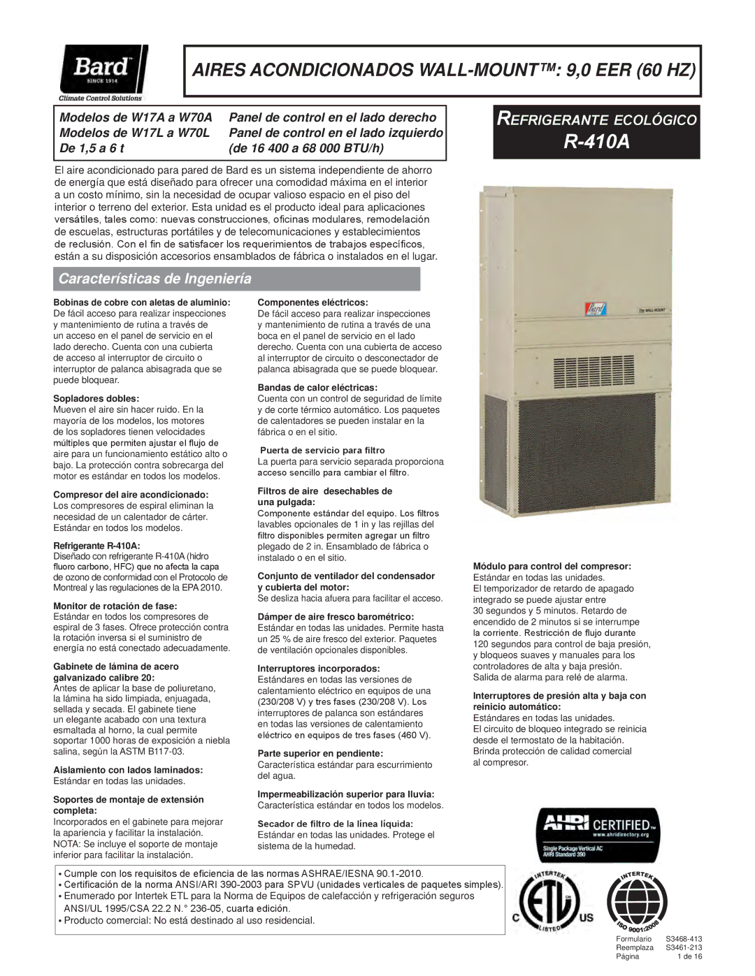 Bard R-410A manual Características de Ingeniería Refrigerante ecológico 