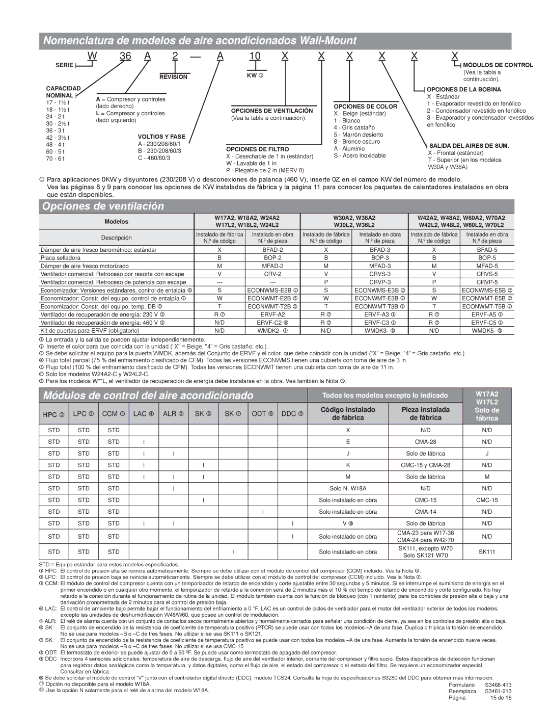 Bard R-410A manual Módulos de control del aire acondicionado, Código instalado Pieza instalada, Kw , De fábrica 