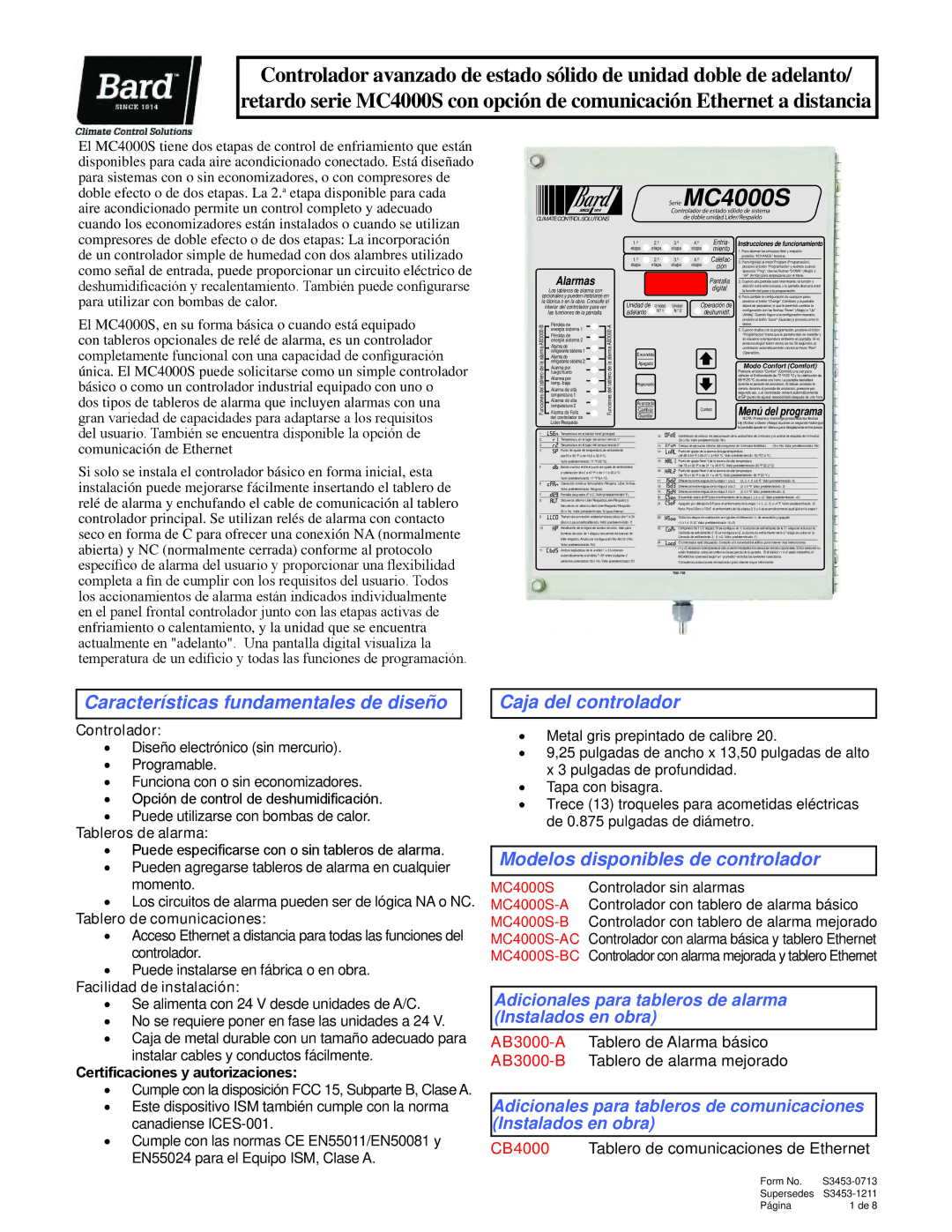 Bard Series MC4000S manual Controlador, Tableros de alarma, Tablero de comunicaciones, Facilidad de instalación 